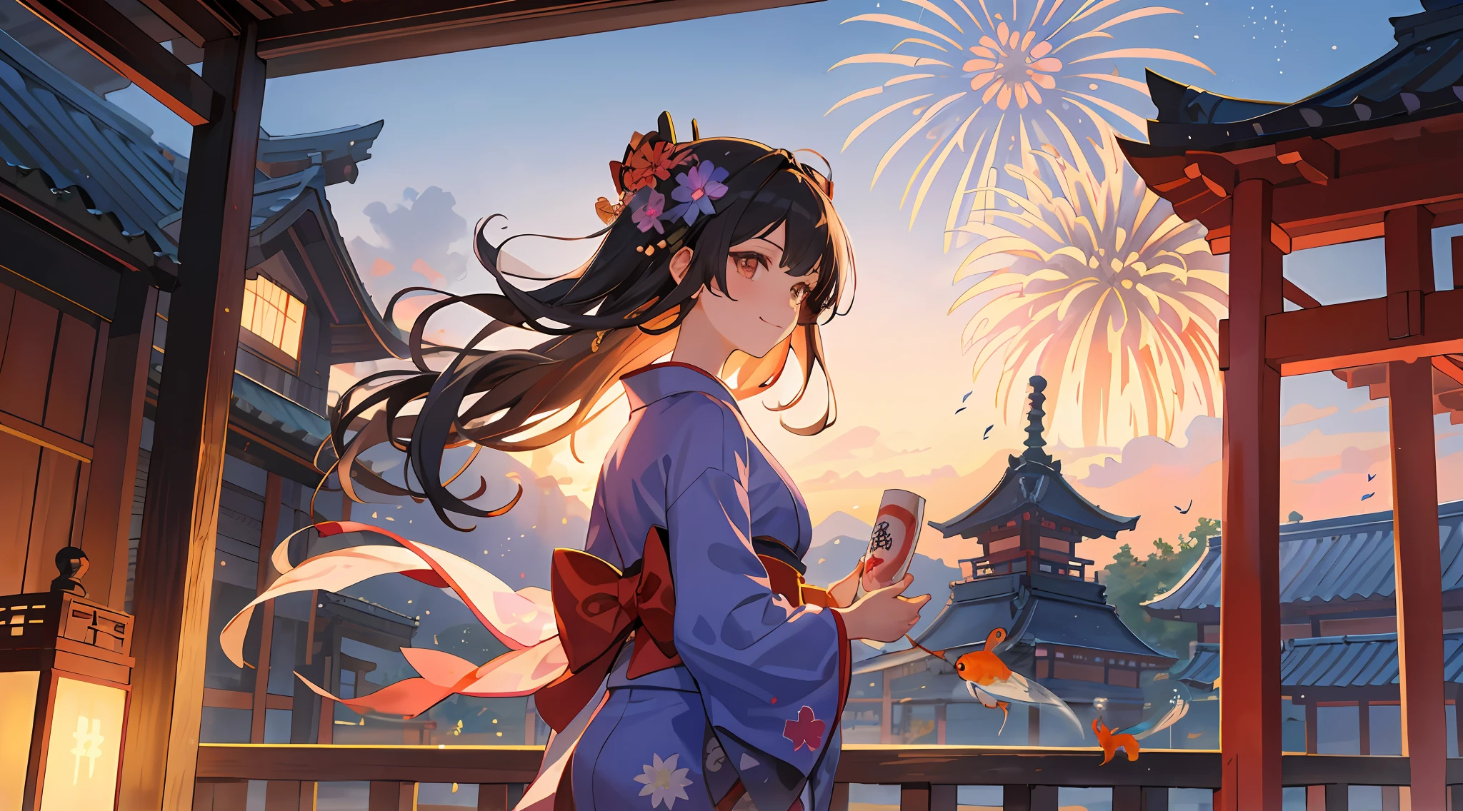 Top quality, masterpiece, intricate details, 1girl, subaru_kimono, (cute girl, yukata, morning glory, black hair), ((fireworks)),(wind chimes,goldfish,bubbles),hair bows, hair flowers, garden, summer, ((outdoor)), (East Asian architecture: 0.6), backlit, diffused lighting, smiles, traditional Japan Japanese atmosphere: 1.2),(Sunset: 1.1))