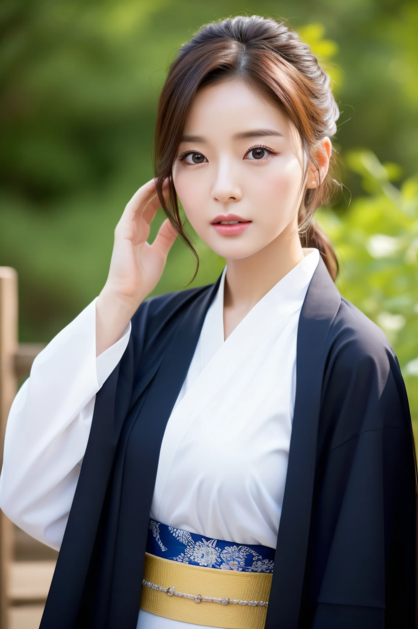 ((Top Quality, 8K, Masterpiece: 1.3)), Sharp Focus: 1.2, (Super Beautiful Face: 1.0), (Glossy Skin: 1.0), Realistic Photos, Black Hair, Realistic Pupils, Movie Lighting, Highly Detailed Eyes and Face, Movie Lighting, (Cowboy Shot: 1.0), (kimono, hakama, obi: 1.15), (Korean Cute Actress), in nature