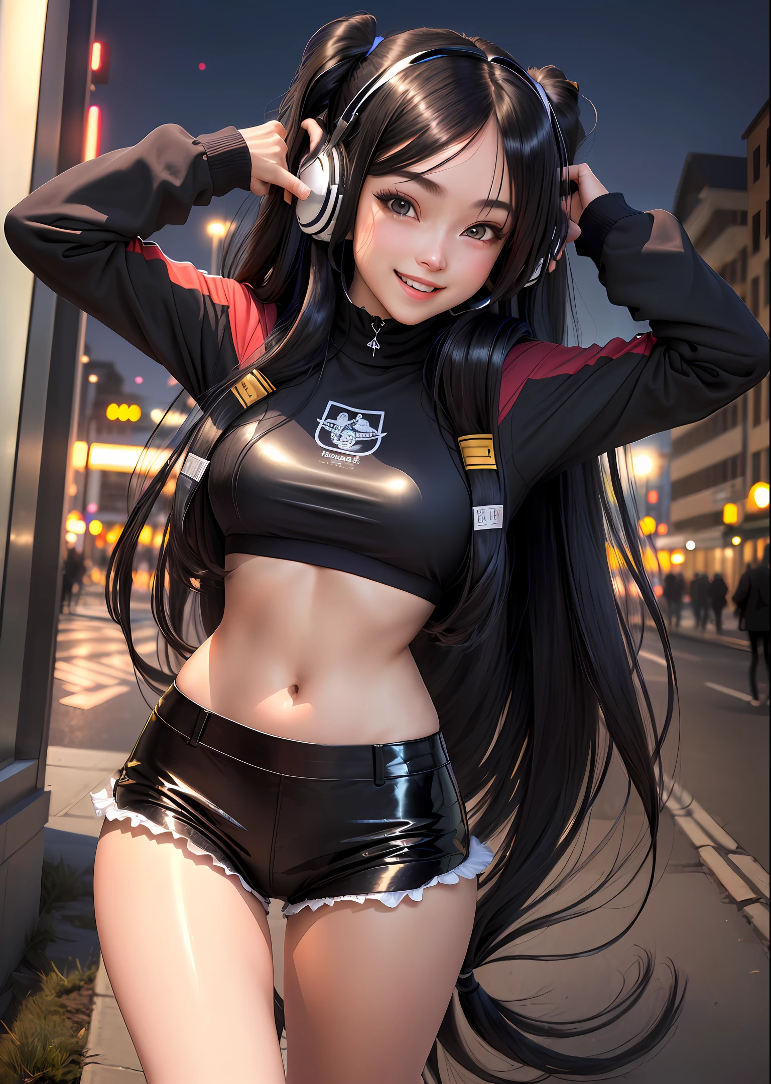 (RAW Photos, Best Quality, Masterpiece: 1.2), (Realistic, Photoreal: 1.4), (Masterpiece: 1.4), (Best Quality: 1.4), 1 Girl, Solo, :d, Headphones, Arm Up, Bangs, Blush, Ruffles, Chest, Piece, Clothes Writing, Navel, Outdoor, Night, Hair Intake, Headphones, Big, Long Hair, Long Sleeves, Look Viewer, Big, Open Mouth, Shrug \(Clothing\), smile, thigh gap, thigh, half twin tail, very long hair, black hair, Alice \ (Nicke\), (shiny skin), real,