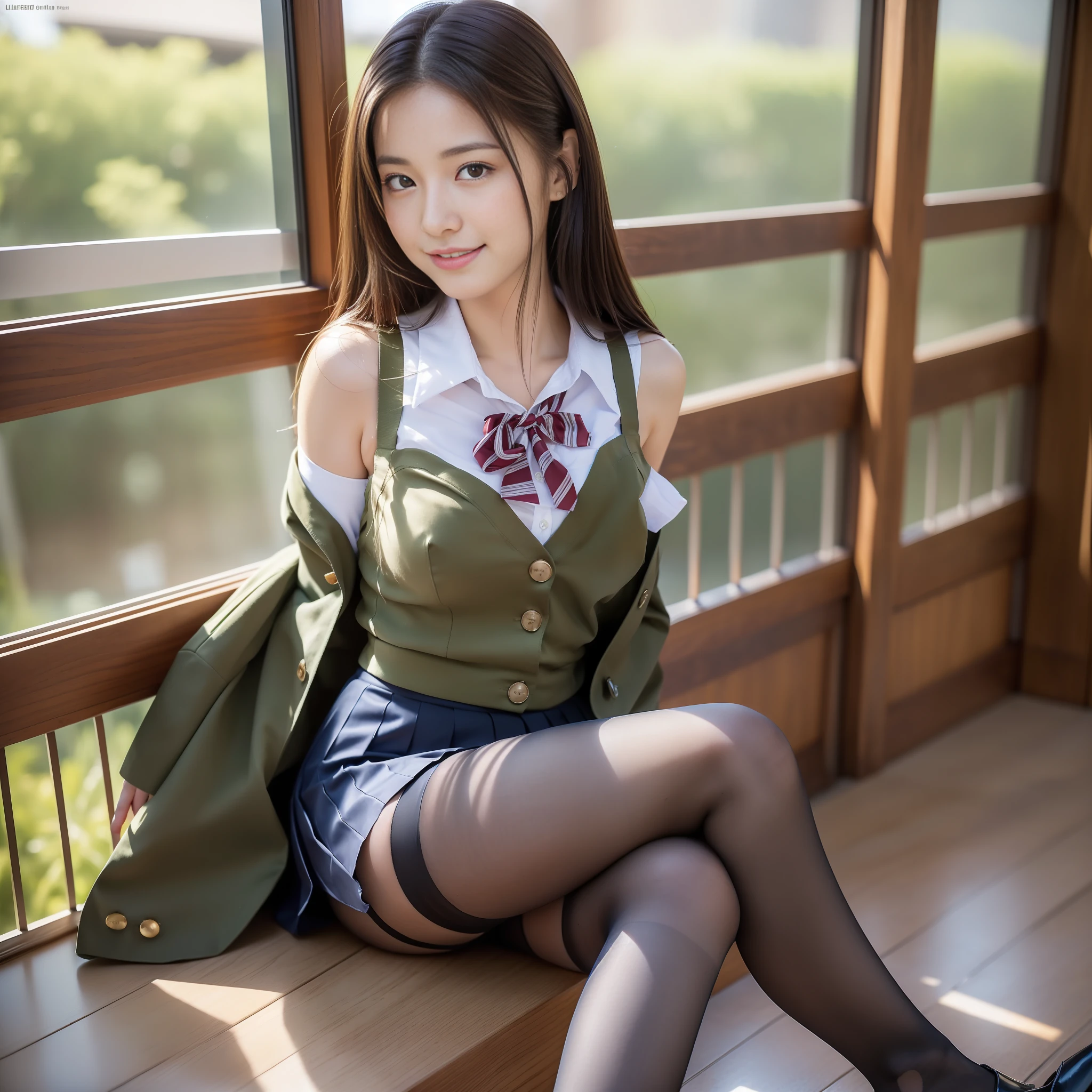 8K UHD, DSLR, Complete Anatomy, (2 legs),(2 hands),(5 fingers),(Best quality: 1.3), (Masterpiece: 1.1), High resolution, Cinematic light, Intricate detail, (Photorealistic), Outside, Beautiful Outside, Sunny, Best Realistic, Japan Person, One Girl, , (((Japan Girls' High School Uniform)), Clavicle (A Cup), ( Cafe: 1.5), dimples, long, straight hair, slightly open lips, big eyes, watch the viewer, bare shoulders, tight shirt, no buttons, red underwear, pencil skirt, high waist skirt, leg sitting slightly bending the knee, indoors, piercings, 10 denier shiny black pantyhose, black high heels, (smile), (full body: 1.6), slender ulzzang-6500-v1.1, (Raw photo:1.2), (Photorealistic:1.4), Beautiful detailed girl, Very detailed eyes and face, Beautiful detailed eyes, Ridiculous, Incredibly ridiculous, Huge file size, Ultra detailed, High resolution, Very detailed, Top quality, Masterpiece, ((Japan girls' high school uniform)), very detailed, realistic, unified, 8k wallpaper, fantastic, fine detail, masterpiece, best quality, highly detailed cg uniform 8k wallpaper, light on face, movie lighting, 16 year old girl, (without panties)), ((dynamic pose))), (camel toe), (half), (pantyhose), (sitting legs bending knees)