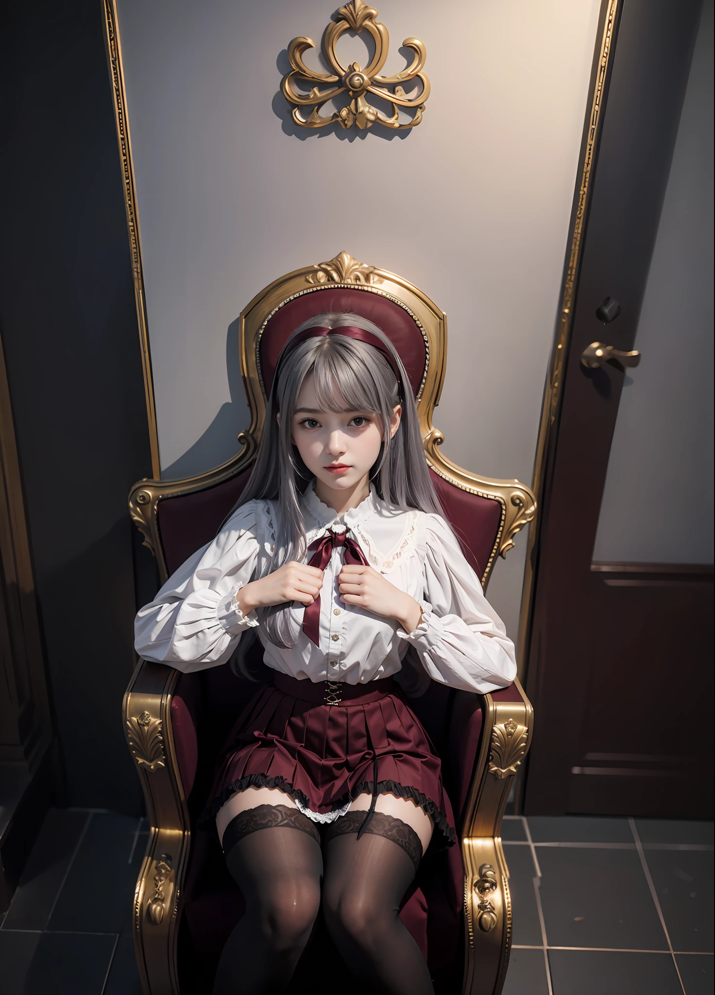 (8K), (Best Quality), (Masterpiece: 1.3), (Real), (Real: 1.36), Ultra Detail, 1Girl, 17 years old, Middle chest, Sitting on a huge throne, view from below, (Lace Up Burgundy Lolita Fashion), Silver Hair, Long Hair, Loose Curly Hair, Tie, black Knee Socks, Pleated Skirt