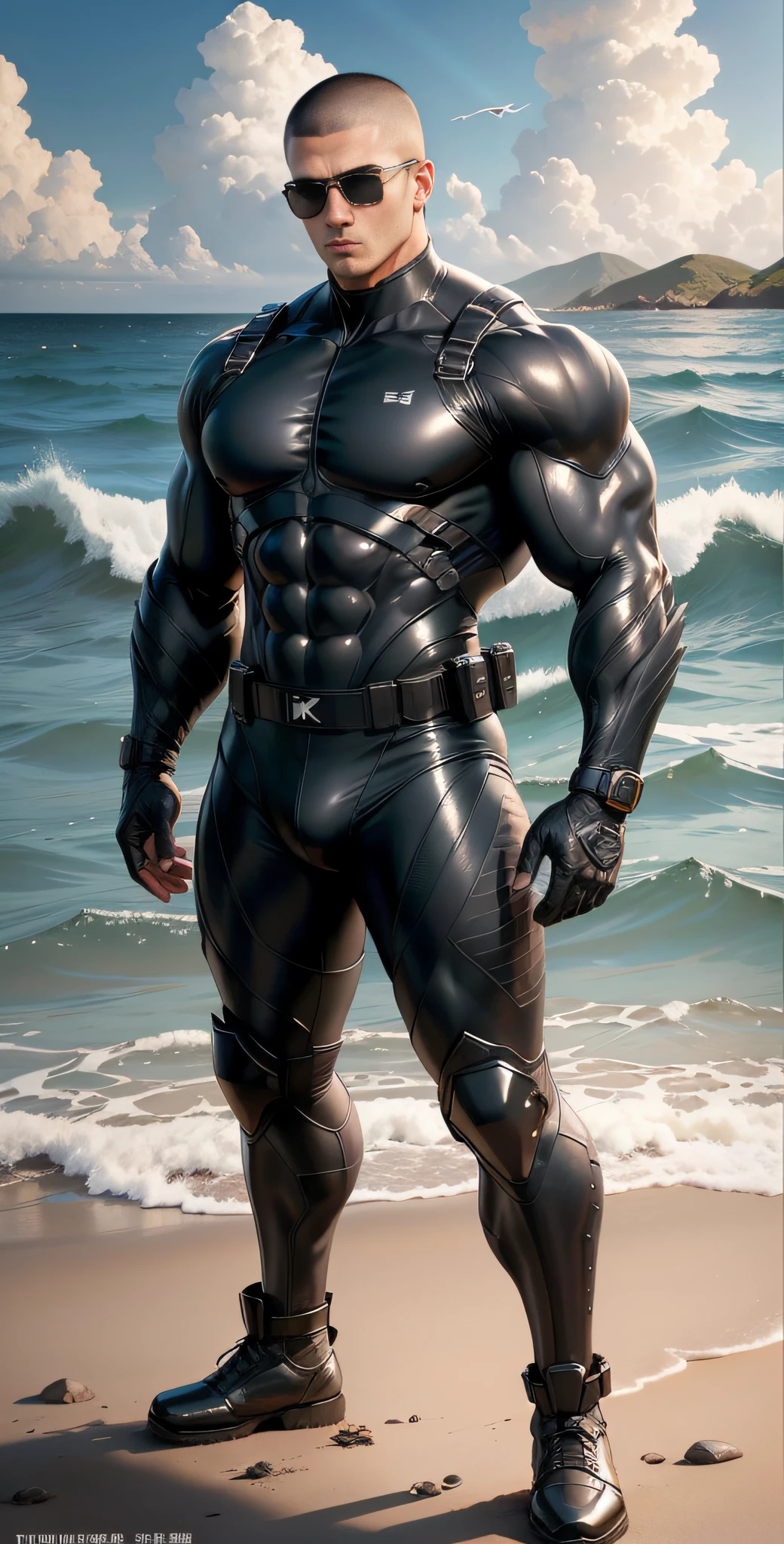 Man in dark black standing by the sunny sea, muscular man, American round inch, Buzz cut, muscular! Wearing black sunglasses, round head Buzz Cut, stealth suit, symmetrical pattern texture design, best picture quality and resolution, character design special forces, black military boots, attractive strong man, weaving sunlight shining through the clouds, Li Xiaoxiao