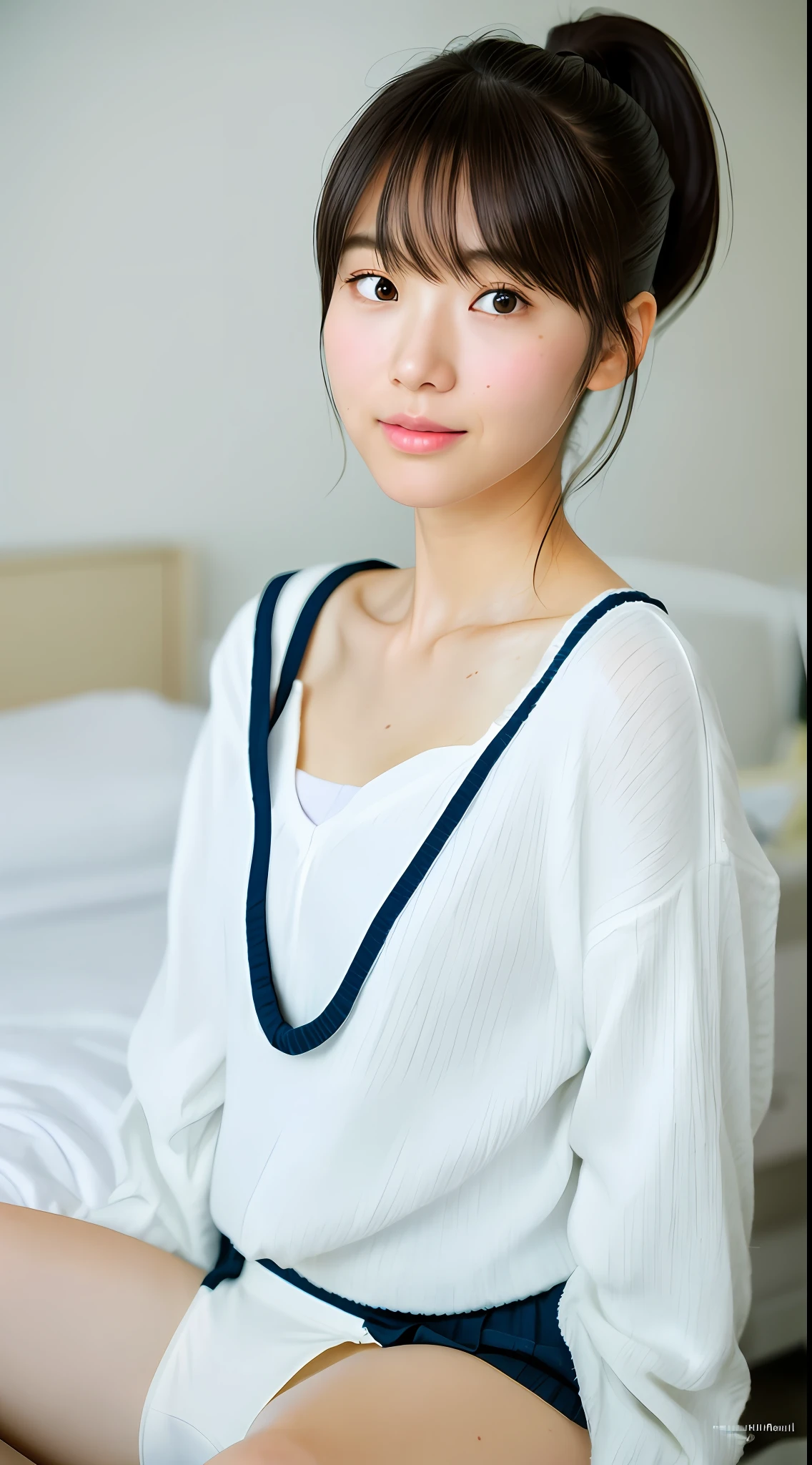 Realistic photos of (1 cute star) shoulder length hair, ponytail, light makeup, bangs, (small), clear facial features, 8K high resolution, sharp and realistic details, full body, fair skin, (white skin) in my room, changing (underwear), changing clothes, f/4.0, 135mm, fujifilm, jpeg artifact, dithering, uhd, masterpiece, blur, schoolgirl, underwear, white