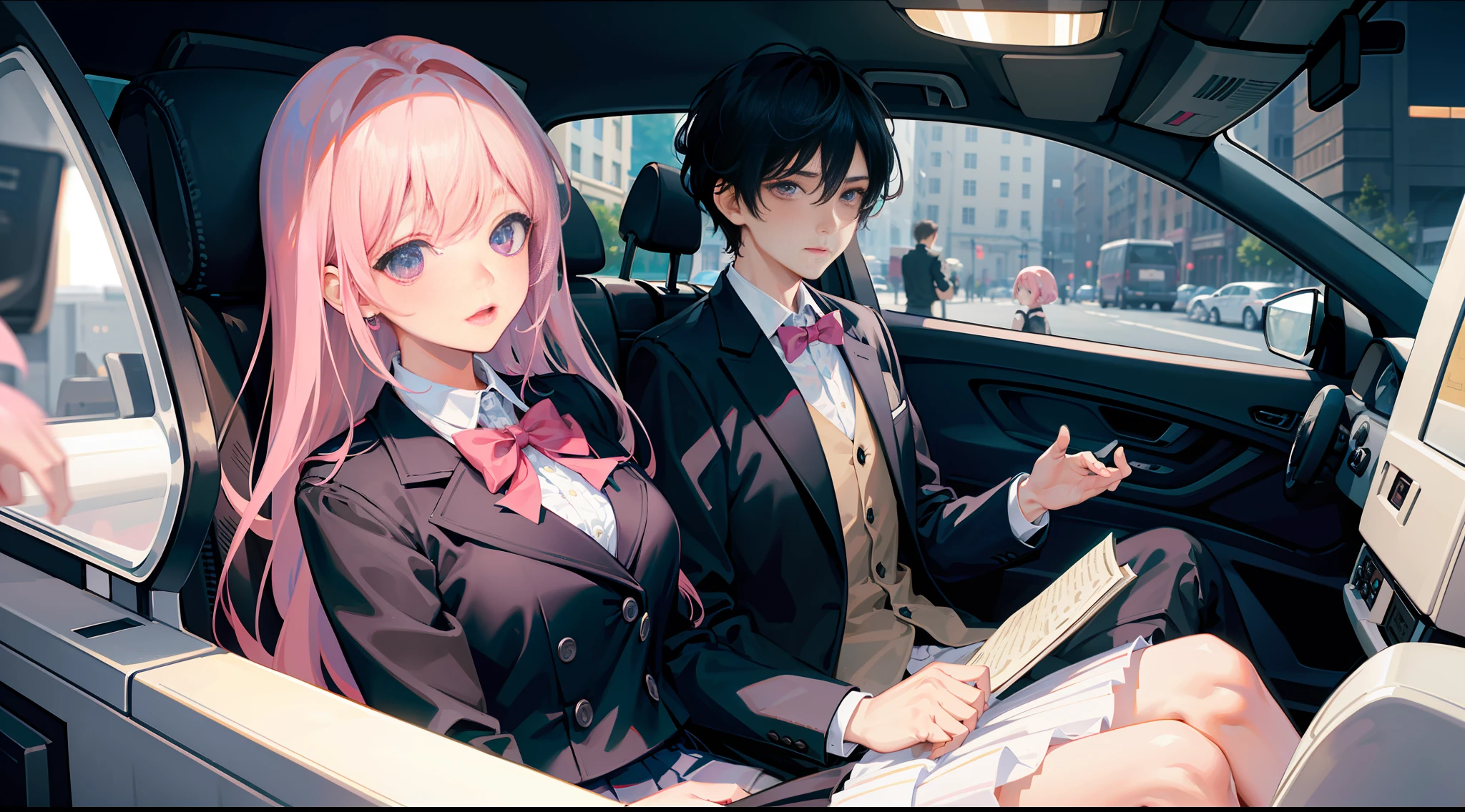 Masterpiece, best quality, super detailed, illustration, beautiful detailed eyes, close up, with a boy and a girl. It is pink hair, white pleated shirt, skirt. The boy is black hair, black suit, black pants. Boy and girl in the car, girl grabbed boy's clothes. It was raining heavily outside the car.