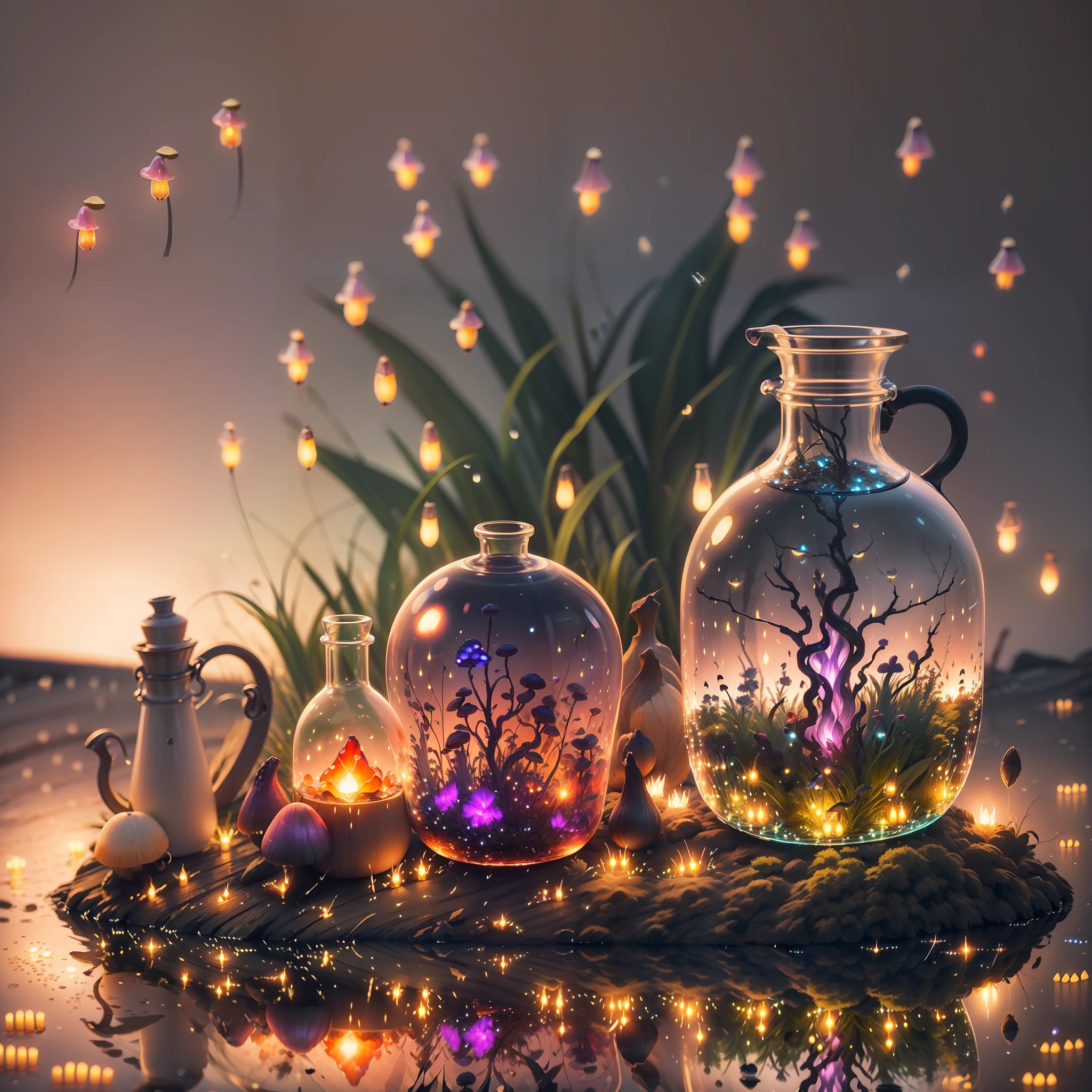 Computer, Extensive landscape ultrasound photography (general view, which shows a glass glass, a glass bottle, inside the bottle of fireflies, fly agaric mushrooms), (detailed description of the bottle, mushrooms), glass, (detailed description), fog (ultradetailed), dawn, (detailed), saucer, water, reflection of dawn on the water surface, (1:3), fireflies (1:3), (ultra-detailed description of appearance), bottle, candle (crystals: 1,2), BREAK production art, (cold light source:1.2), (Firefly:1.2), Pink, Purple, Fire Particles, Colors, Complex Details, Volumetric Lighting, Realistic Fantasy BREAK (Masterpiece:1.2), (Best Quality), 4K, Ultra Detailed, (Dynamic Composition: 1.4), High Detailed, Colorful Details, (Dark Colors: 1.2), (Luminous Lighting, Atmospheric Lighting), Light, Warm, Magical, New Era Legend (Solo: 1.2)