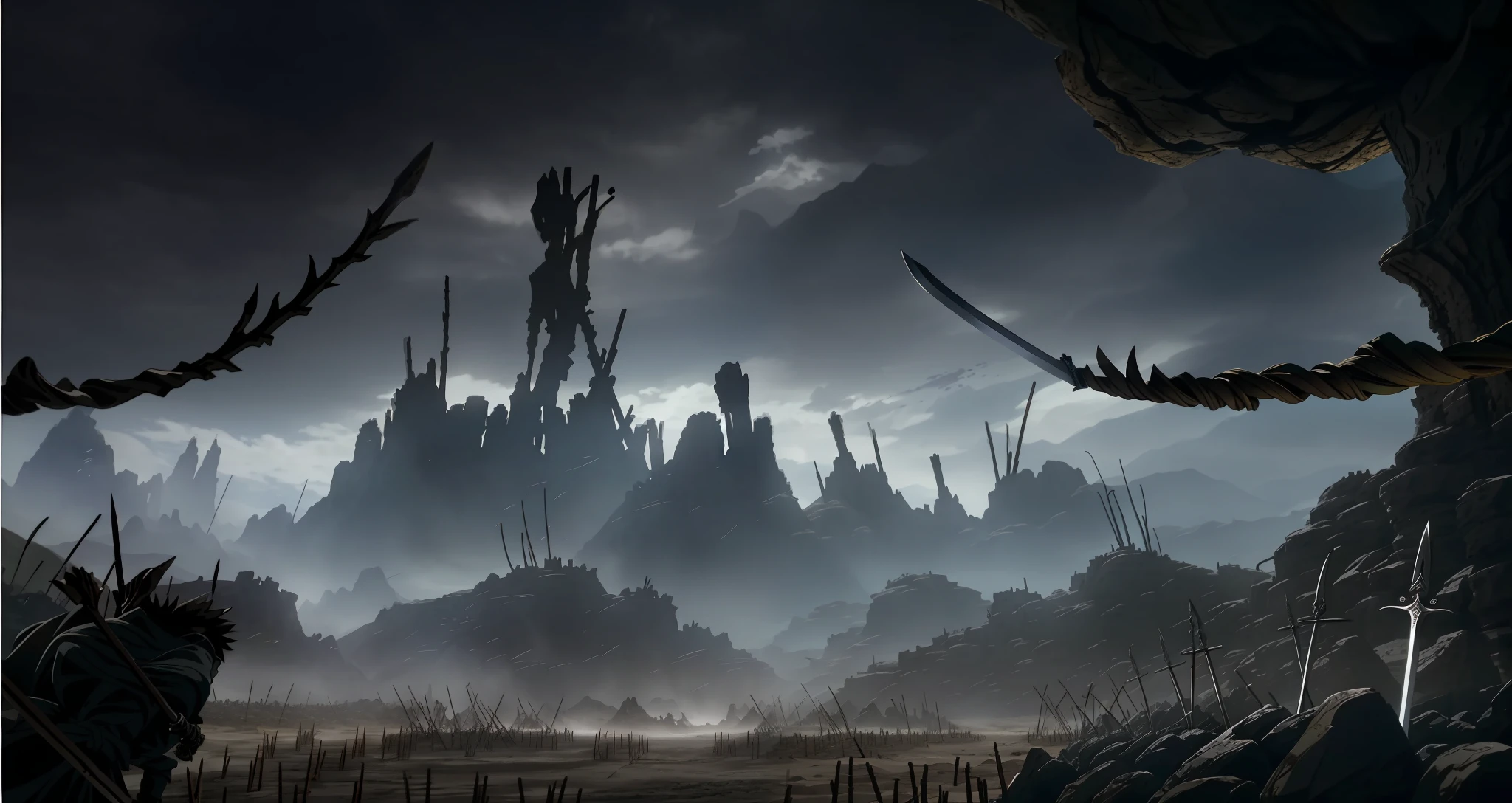 arafed scene of a desert with a lot of sticks and a lot of skulls, swords stuck in the ground, unlimited blade works, claymore anime background, a sword stuck in the ground, bloodbath battlefield background, screenshot from black clover, multiple floating swords, screenshot from a 2012s anime, hell background, invading army background