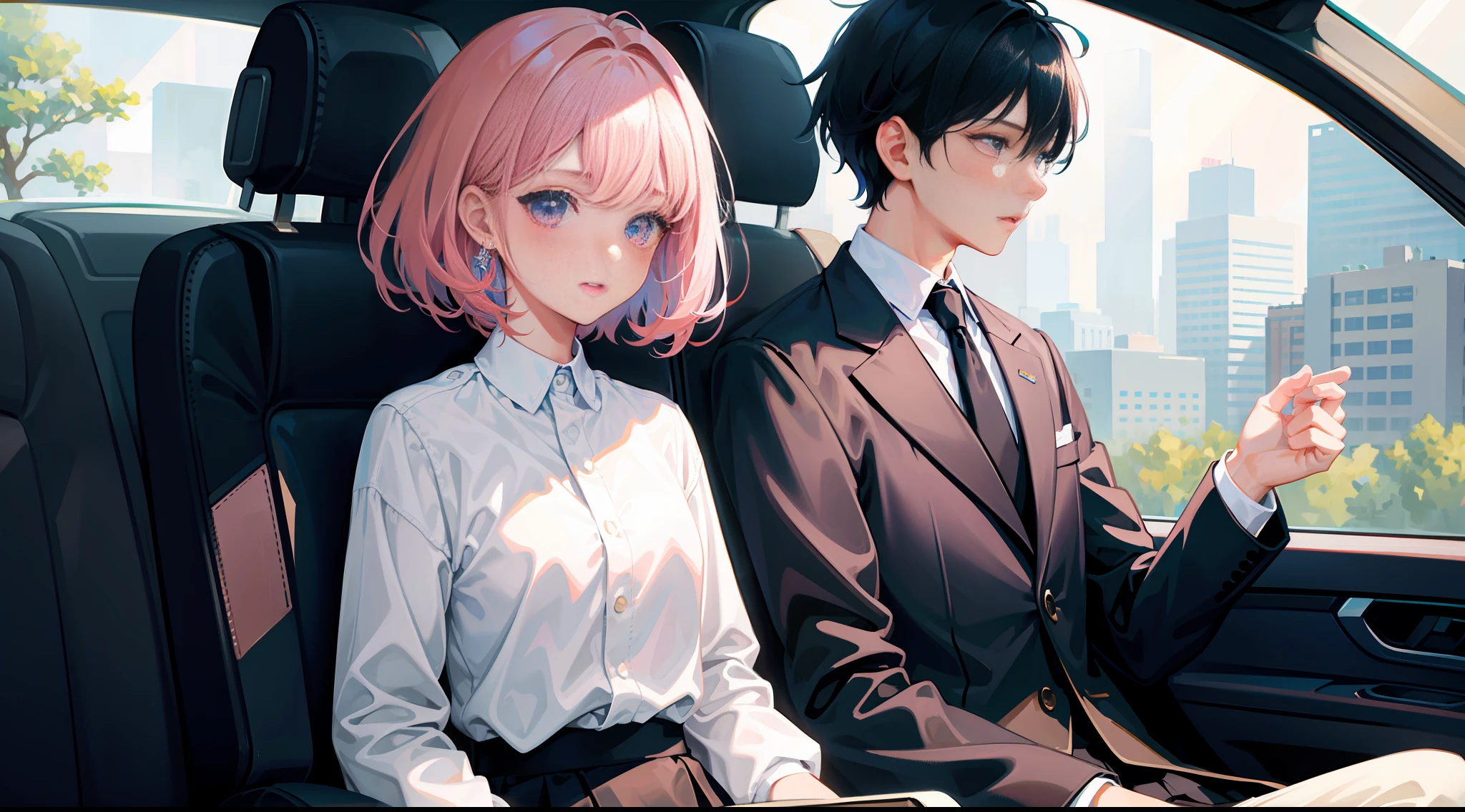 Masterpiece, best quality, super detailed, illustration, beautiful detailed eyes, close up, with a boy and a girl. It is pink hair, white pleated shirt, skirt. The boy is black hair, black suit, black pants. The boy and girl were in the car, it was a heavy rainstorm, the boy's hands were raised and the girl's head was against the window