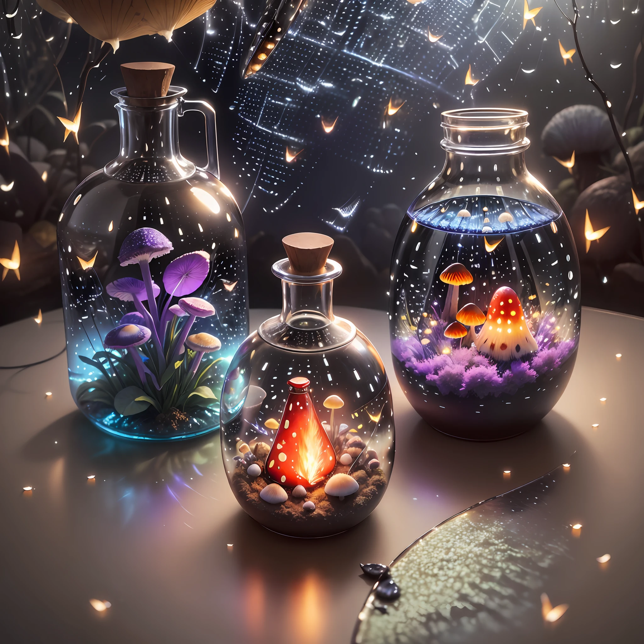 Computer, Extensive landscape ultrasound photography (general view, which shows a glass glass, a glass bottle, inside the bottle of fireflies, fly agaric mushrooms, fish), a bottle, fly agarics, fish, (detailed description of the bottle, mushrooms), glass, (detailed description), inside the glass of dew (ultradetail), fish (detail), night, starry sky, moon, (detail), saucer, water, reflection of the moon on the water surface, reflection full of shooting stars in wine, a drop of wine,  moths (1:3), fireflies (1:3), (ultra-detailed description of appearance), bottle, candle (crystals: 1,2), BREAK production art, (cold light source:1.2), (Firefly:1.2), lilac, purple, fire particles, colors, complex details, volumetric lighting, realistic fantasy BREAK (masterpiece:1.2), (best quality), 4k, ultra-detailed, (dynamic composition: 1.4), highly detailed, colorful details, (gloomy colors: 1.2), (luminous lighting, atmospheric lighting), gloomy, dark,  magical, (solo: 1.2) --auto --s2