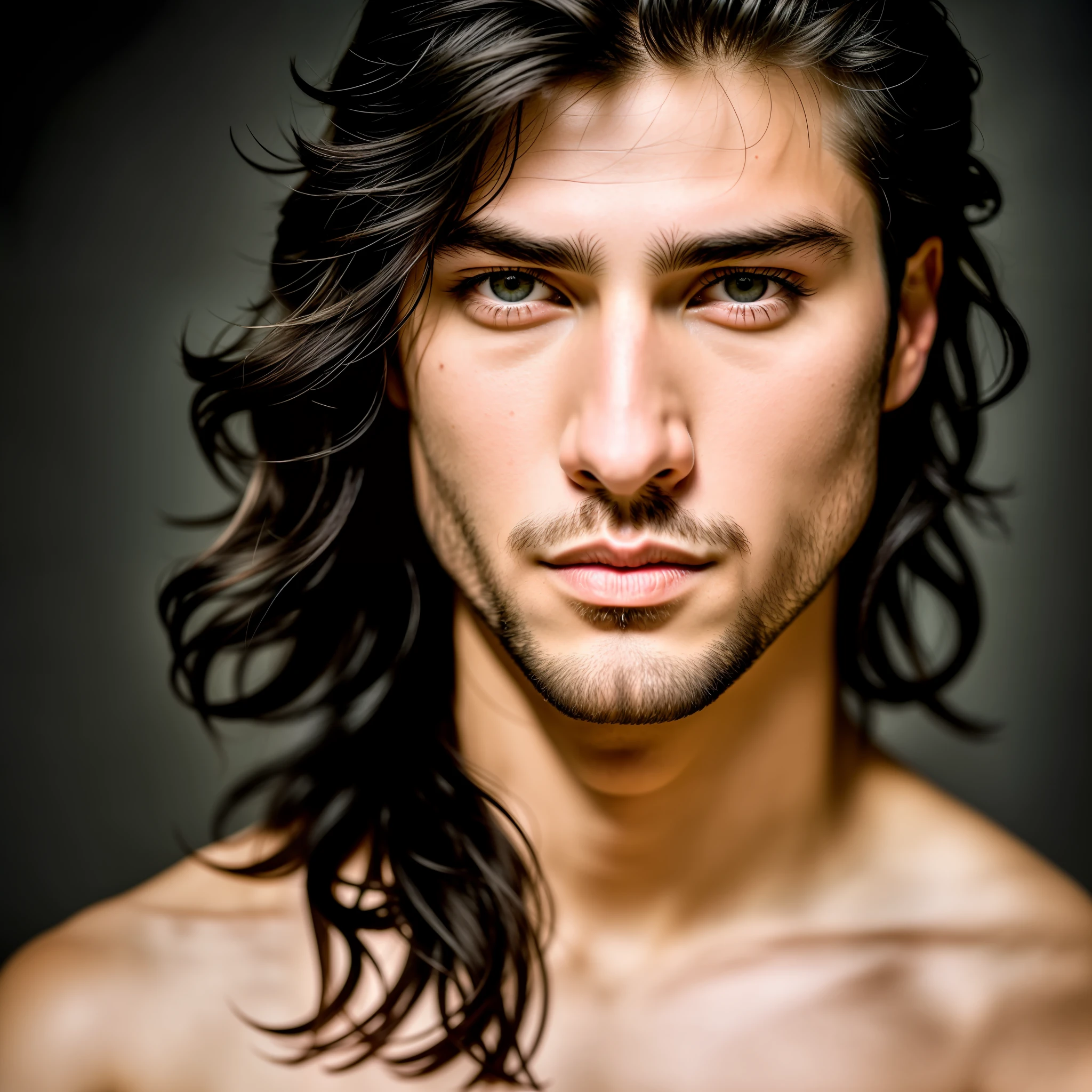 RAW, analog style. Stunning portrait of a handsome young warrior with vivid features. He should have long flowing hair, a seductive look and an attractive look. The background should be neutral and simple, so that the man is in the center of attention. Pay close attention to details such as highlights and shadows on the face and hair to create a vivid and realistic image. Experiment with different lighting techniques to improve the mood and mood of your portraits. The final product should be a masterpiece that conveys male essence and beauty (high skin detail, skin detail), sharp focus, voluminous fog, 8K UHD, DSLR, high quality, film grain, Fujifilm XT3