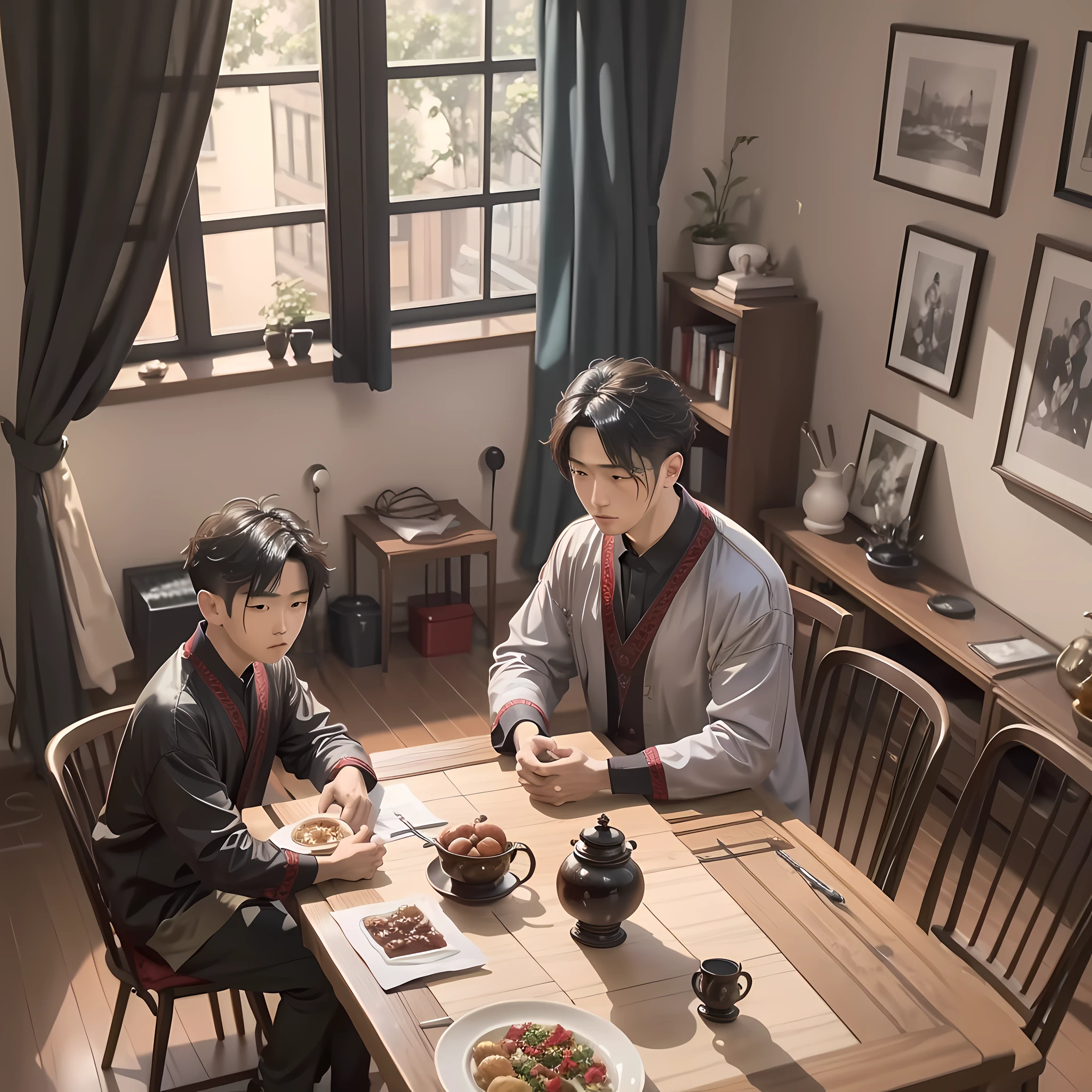 (Masterpiece, Top Quality, Best Quality, Official Art, Beauty and Aesthetics: 1.2), the setting is in the dining room, Father's Day, two Chinese boys and fathers together, 8K