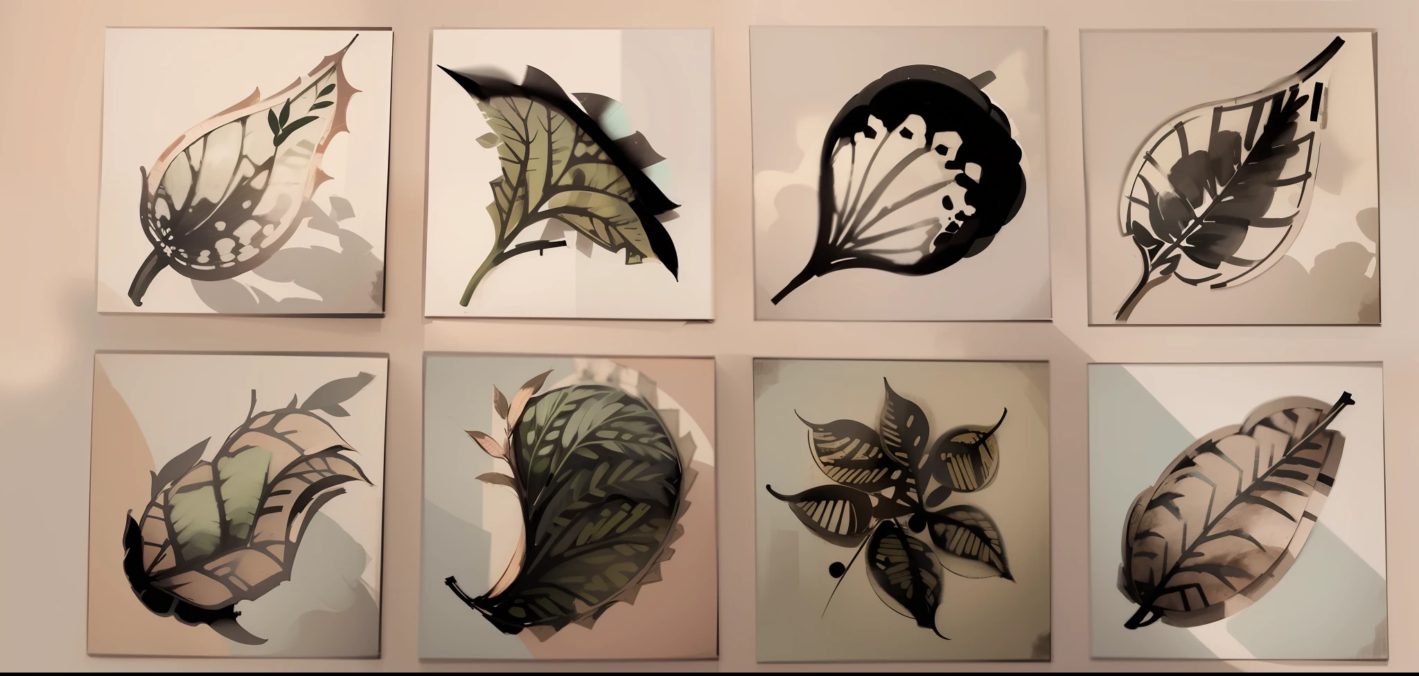 Sketch, eight creative drawings of leaves, these eight pictures are in a large picture, separated by intervals, and the background of the large picture is black --auto --s2