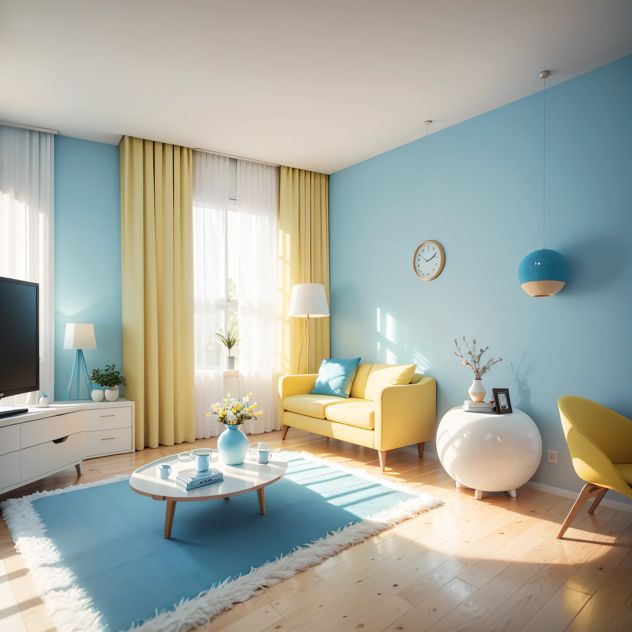 This is a cozy room, decorated mainly in light blue,white, and light yellow colors, presenting an ultra-high definition image effect under natural light.The background is fresh and bright, designed in a 2.5D isometric style using software such as Blender, Octane Renderer, and C4D --auto --s2