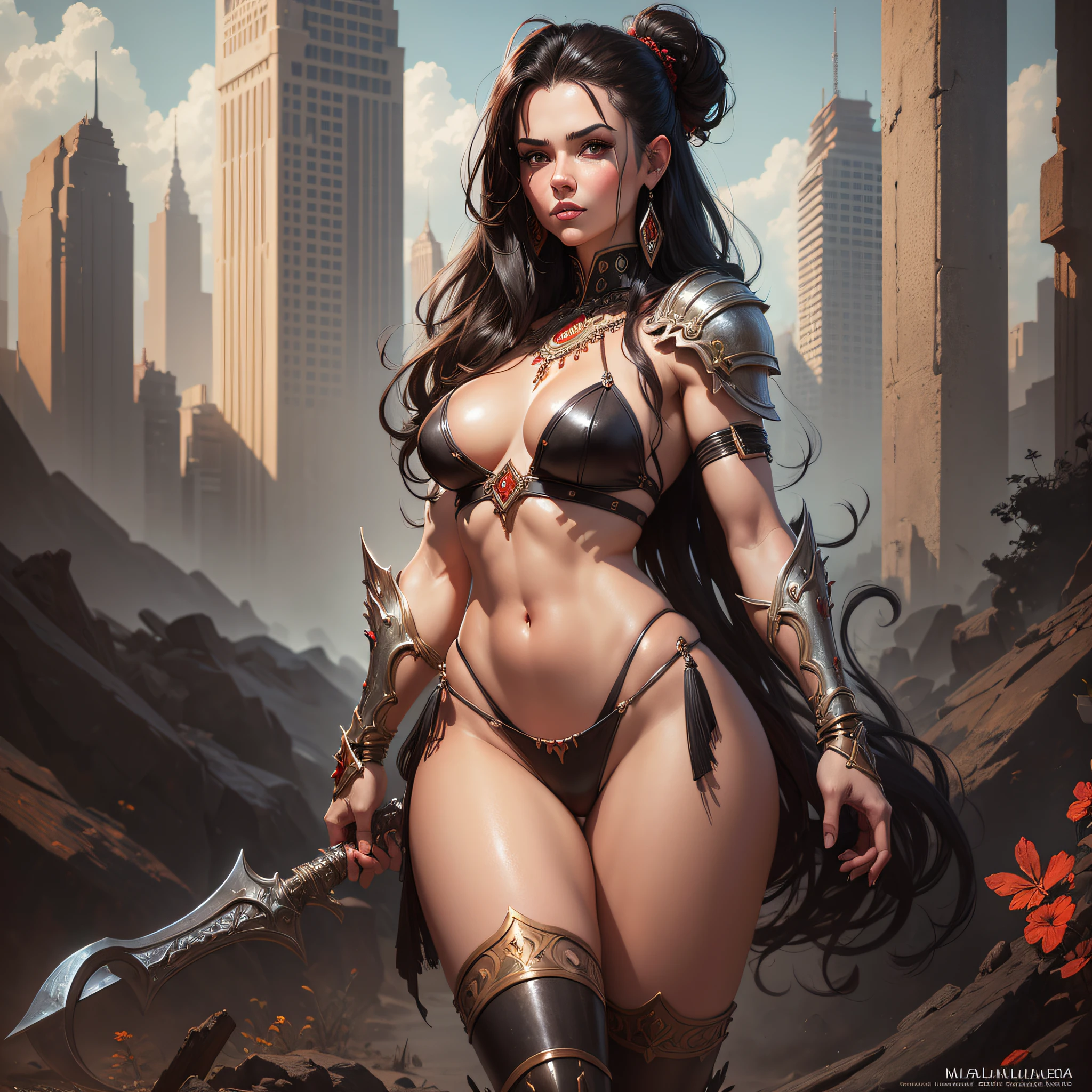 A masterpiece ultrarealistic ultra detailed full body portrait of a very beautiful Barbarian girl, massurrealism. medium shot, intricate, elegant, sexy, revealing, light by julie bell, ismail inceoglu, porcelain skin. global illumination, black hair, brown eyes, red and white intricate leather armor --auto --s2