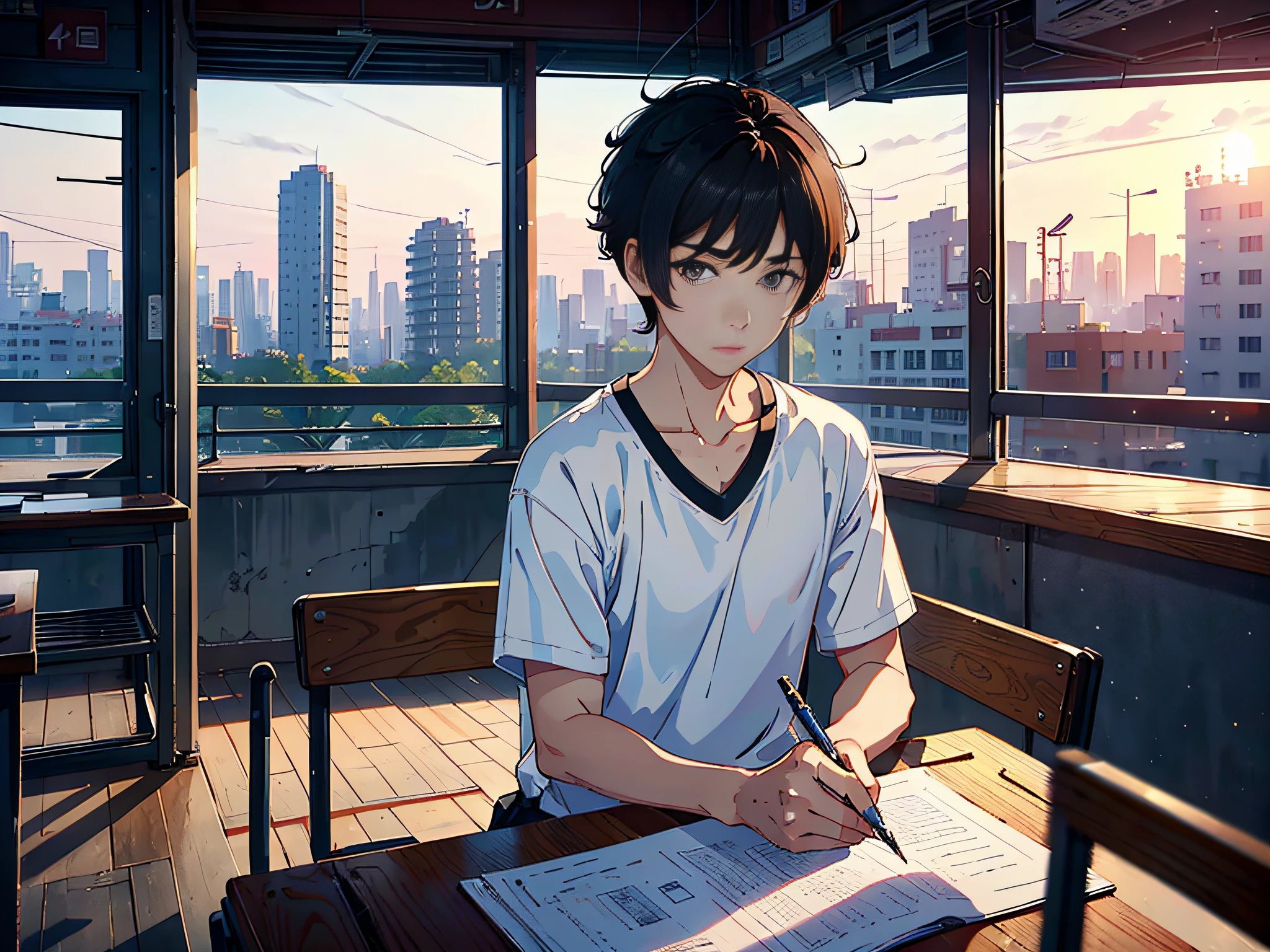 A man is sitting in the classroom, boy, male classmate, in the campus classroom, this male classmate is wearing a white T-shirt, short black hair, holding a pen in his hand, there are test papers, there are books, the lens is mainly featured on the upper body, in the Loepfe art style ((Xinhai City), popular in CGStation, Xinhaicheng H 2160, inspired by Bian Shoumin, Xinhaicheng, Kavasi, Guvitz style, high-quality pictures, 4K, 8K, resolution,