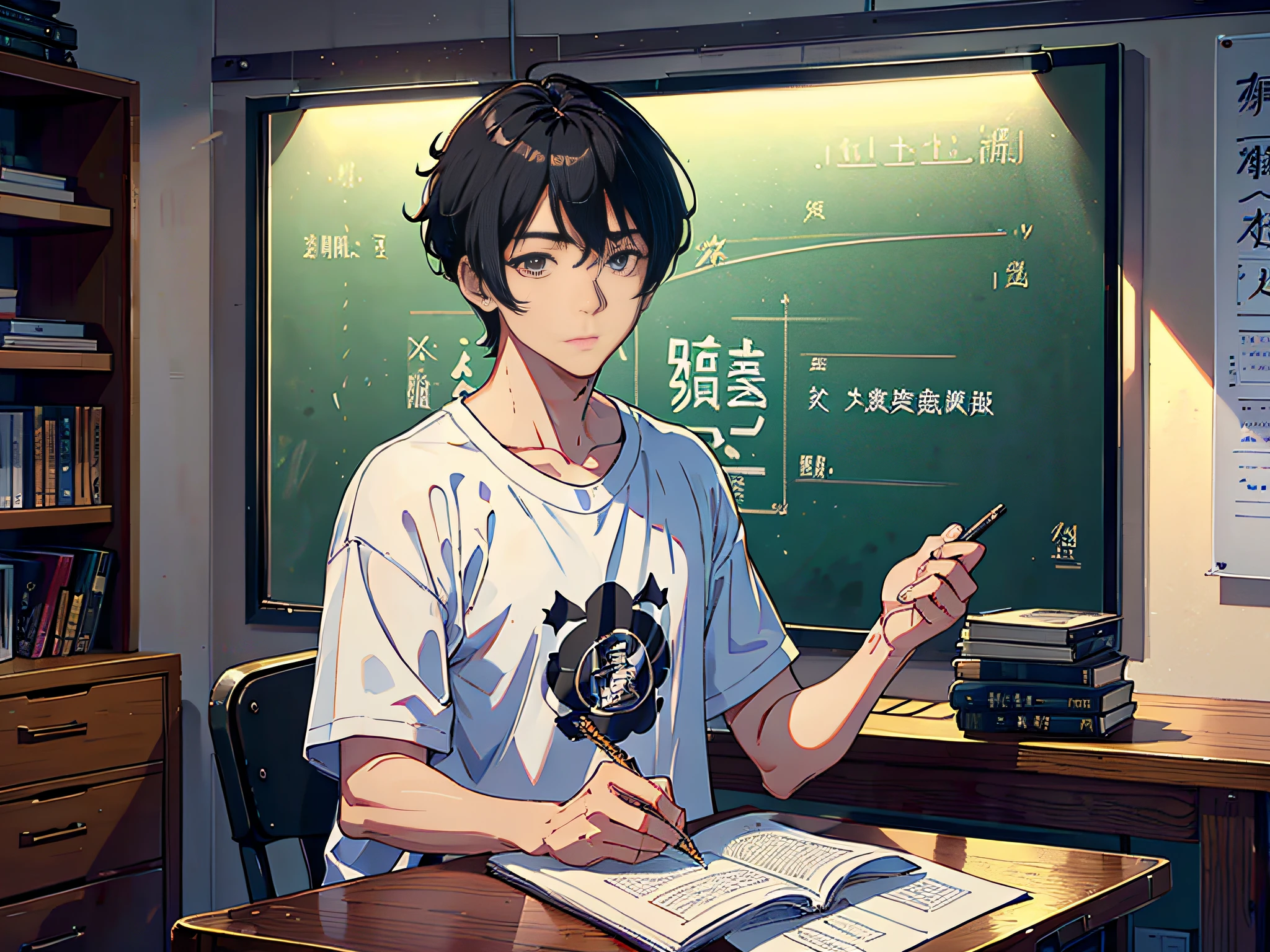 A man is sitting in the classroom, boy, male classmate, in the campus classroom, this male classmate is wearing a white T-shirt, short black hair, holding a pen in his hand, there are test papers, there are books, the lens is mainly featured on the upper body, in the Loepfe art style ((Xinhai City), popular in CGStation, Xinhaicheng H 2160, inspired by Bian Shoumin, Xinhaicheng, Kavasi, Guvitz style, high-quality pictures, 4K, 8K, resolution,