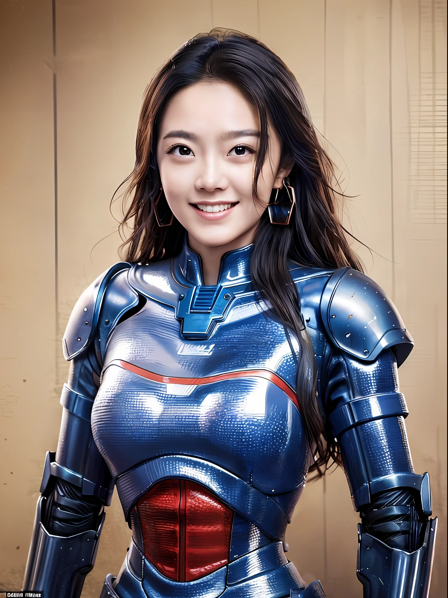 Masterpiece, Best Quality, Movie Poster, Bust Photo,1 Highly Condensed Beautiful Moving Woman,23 years old,175CM, smile, dramatic lighting, epic, sexy and charming, mecha, mechanical, robot, weapon, earrings,