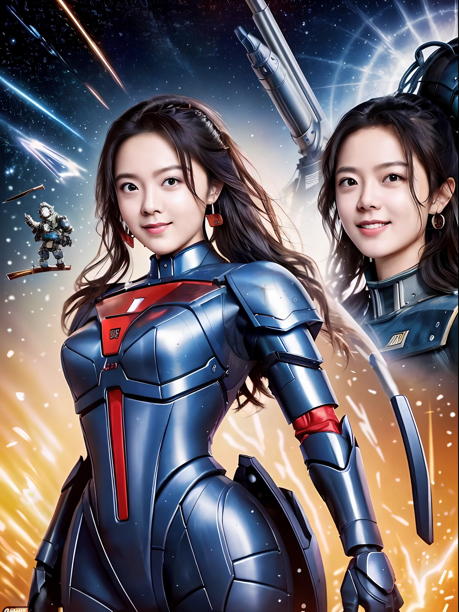 Masterpiece, Best Quality, Movie Poster, Bust Photo,1 Highly Condensed Beautiful Moving Woman,23 years old,175CM, smile, dramatic lighting, epic, y and charming, mecha, mechanical, robot, weapon, earrings,