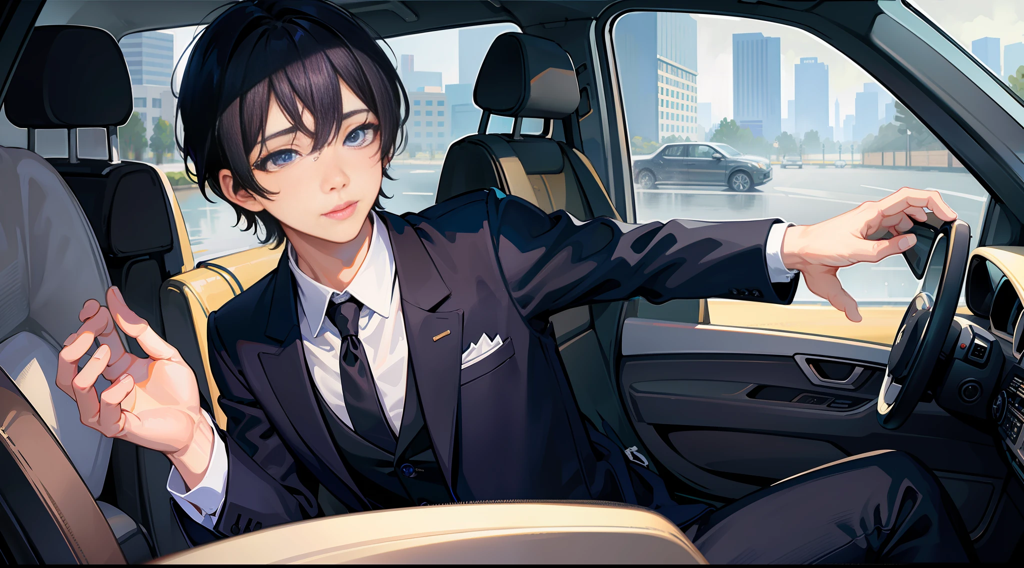 Masterpiece, best quality, super detailed, illustration, beautiful detailed eyes, close up, (1 boy), black hair, black suit, black pants. In the car, heavy rain weather