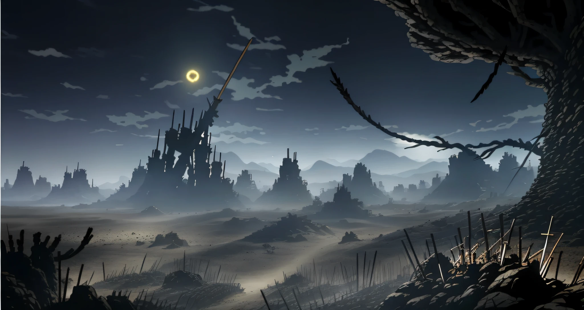 arafed scene of a desert with a lot of sticks and a lot of skulls, swords stuck in the ground, unlimited blade works, claymore anime background, a sword stuck in the ground, bloodbath battlefield background, screenshot from black clover, multiple floating swords, screenshot from a 2012s anime, hell background, invading army background