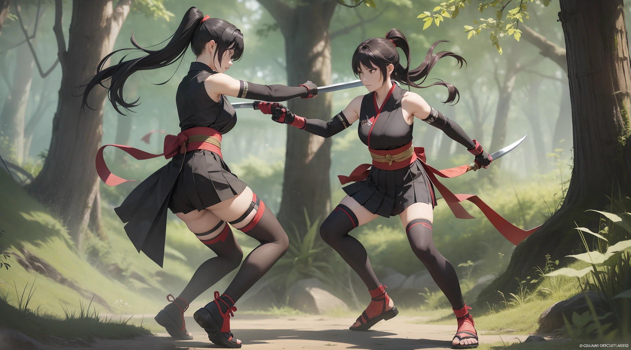 Full body shot of two adult kunoichi locked in an intense battle, looking each other, wielding ninja sword with deadly intent. One of them takes a lethal blow and succumbs to her injuries. They have long loose hairstyles, as they clash in different color of traditional sleeveless kimonos, cinched at the back hip by striking obis. The fighters are adorned with black thin long gloves at their two hands, pleated skirts, and black thigh highs at their two legs. The battle takes place in a dense and lush forest.