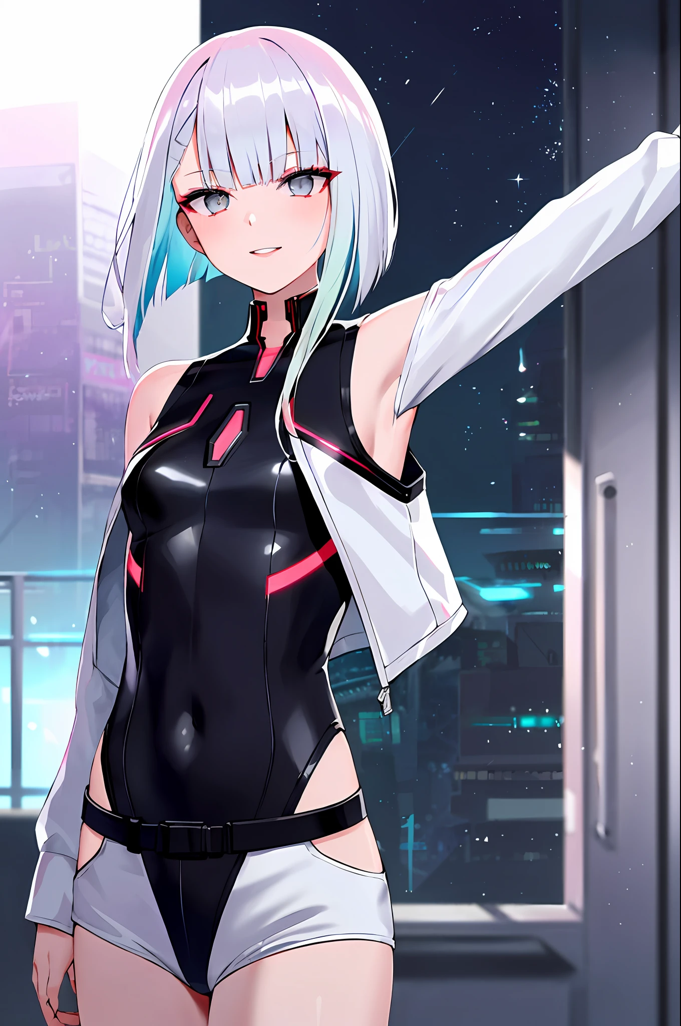 lucy \(cyberpunk\), 1girl, bangs, bare shoulders, belt, black belt, black leotard, black pants, blurry, bob cut, (small breasts), outstretched arms, night, clothing cutout, cropped jacket, cyberpunk, depth of field, gradient eyes, grey eyes, grey hair, jacket, leotard, lips, long sleeves, mechanical parts, medium breasts, multicolored eyes, multicolored hair, night, night sky, off shoulder, open clothes, open jacket, outdoors, pants, parted lips, railing, red eyeliner, science fiction, short hair with long locks, short shorts, shorts, sidelocks, sky, solo, standing, teeth, thigh cutout, upper teeth only, white jacket, white shorts, cyberpunk \(series\), cyberpunk edgerunners looking at viewer, (((navel cutout))), (navel), wet, blush, covered mouth, closed mouth, highres, photorealistic, (shiny skin), (((midriff))), wire, light particle, blue sky, lighting, narrow waist, perfect anatomy, best quality, 2D, (evil smile)