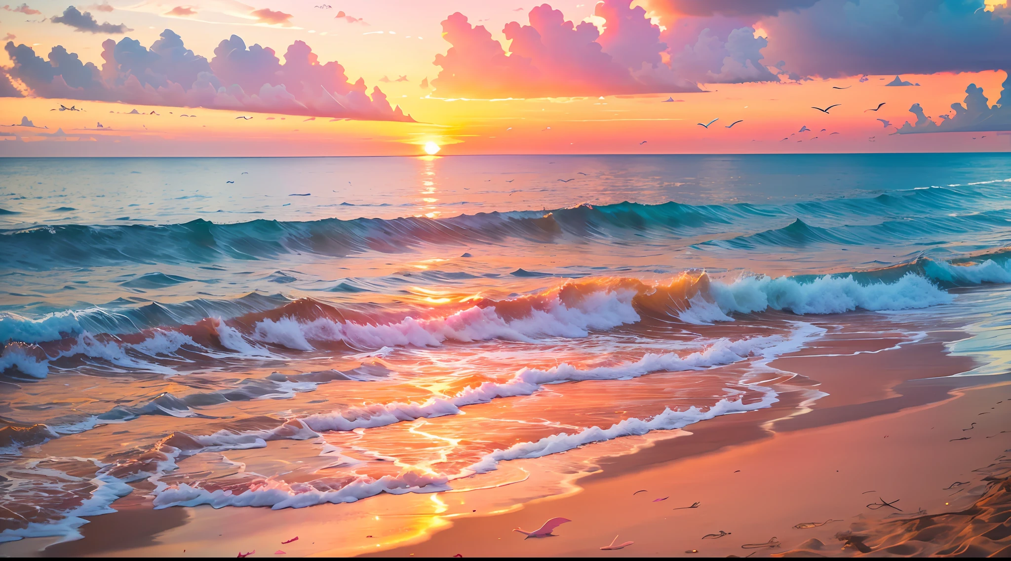An absolutely mesmerizing sunset on the beach, with a mix of orange, pink, and yellow in the sky. The water is crystal clear, gently kisses the coast, and the white sand is endless. The scene is dynamic and breathtaking, with seagulls soaring high in the sky and palm trees swaying softly. Immerse yourself in the calm atmosphere and let the serenity surround you.