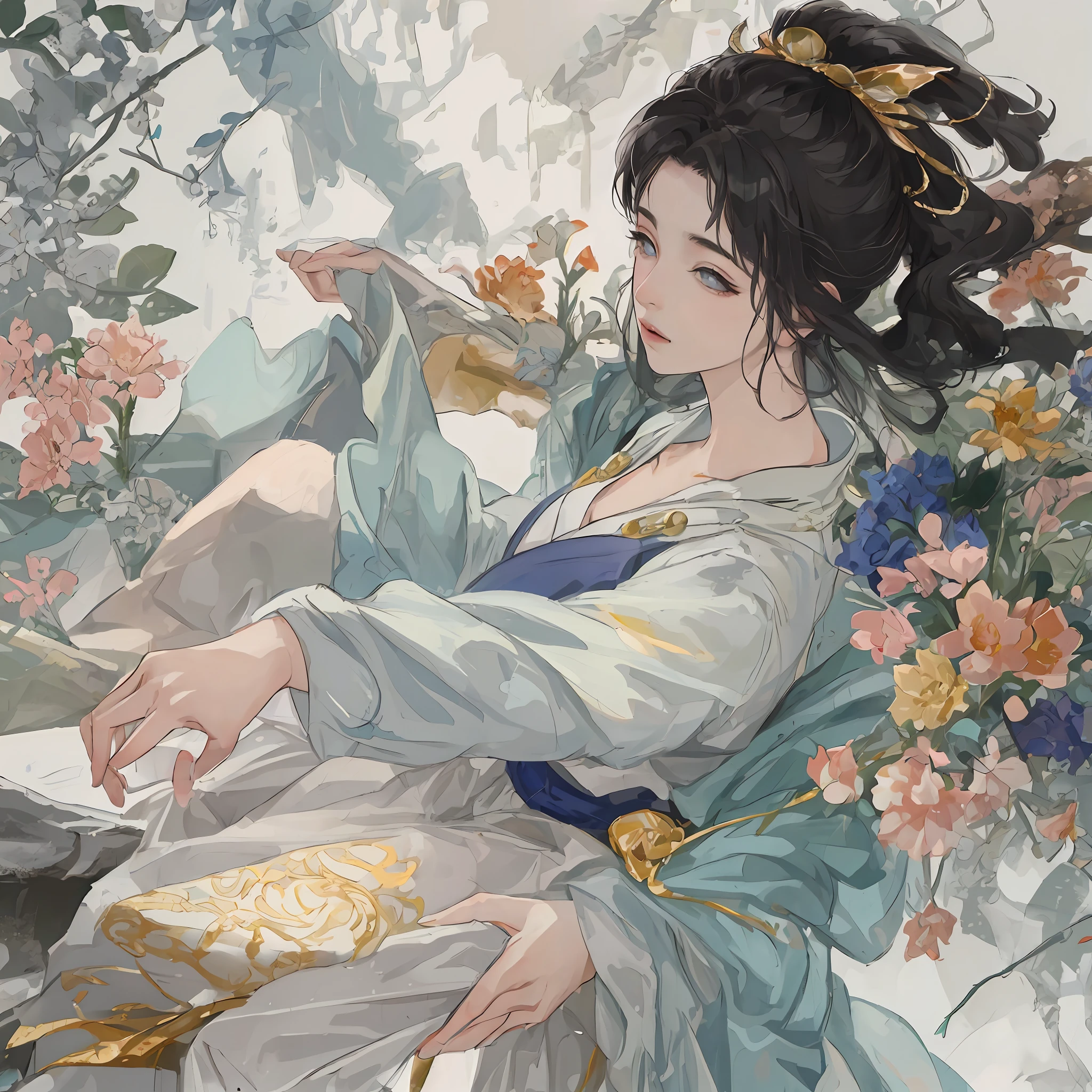(RAW Photo, Best Quality), (Realistic, Photo Real: 1.3), Best Quality, Highly Detailed, Masterpiece, Ultra Detailed, Illustration, 1 Girl, upper_body, Dynamic Angle, World Mastery Theater, messy_long_hair, Best Quality, Extremely Detailed CG Uniform 8k Wallpaper, Ink, Amazing, Sexy, Smile, Movie Lights, lens_flare, dunhuang_style, surrounded by blue butterflies, hinata/(boruto/), blunt bangs, long hair, knee crop, in garden, modest Chinese attire