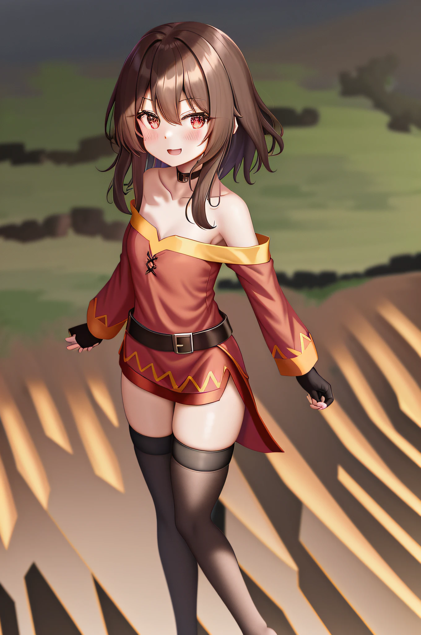 megumin, kono subarashii sekai ni shukufuku wo!, 1girl, solo, standing, looking at viewer, (no headwear:1.1), brown hair, short hair with long locks, red eyes, blush, open mouth, smile, black choker, collarbone, flat chest, off-shoulder dress, dress, red dress, long sleeves, black gloves, fingerless gloves, belt, brown belt, gold trim, zettai ryouiki, skindentation, (asymmetrical legwear:1.4), mismatched legwear, (bandaged leg:1.3), black thighhighs, hands on own face, 

(forest:1.4)