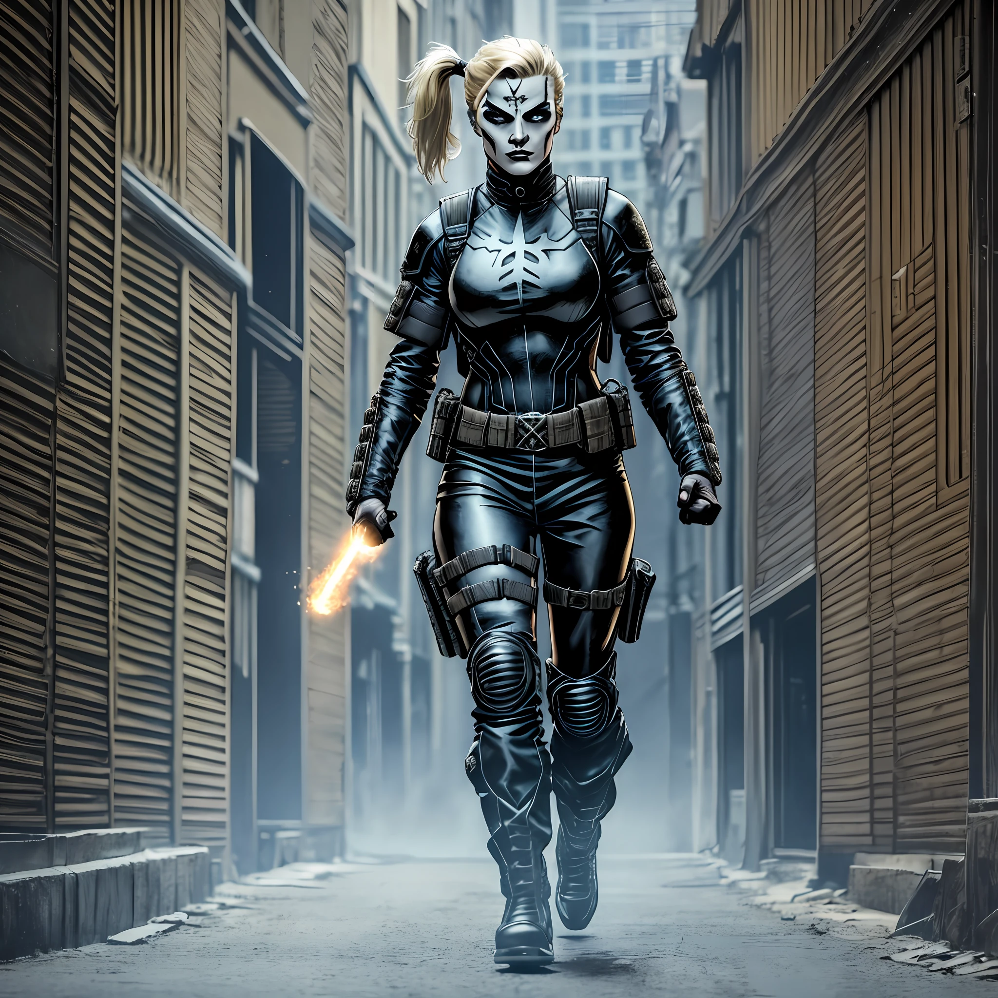 a person walking, woman, short ponytail hair, blonde, 26 years old, sandman style, with black metal face paint, black metal, wearing tactical clothing, detailed, full body, holding a pistol, walking, action scene