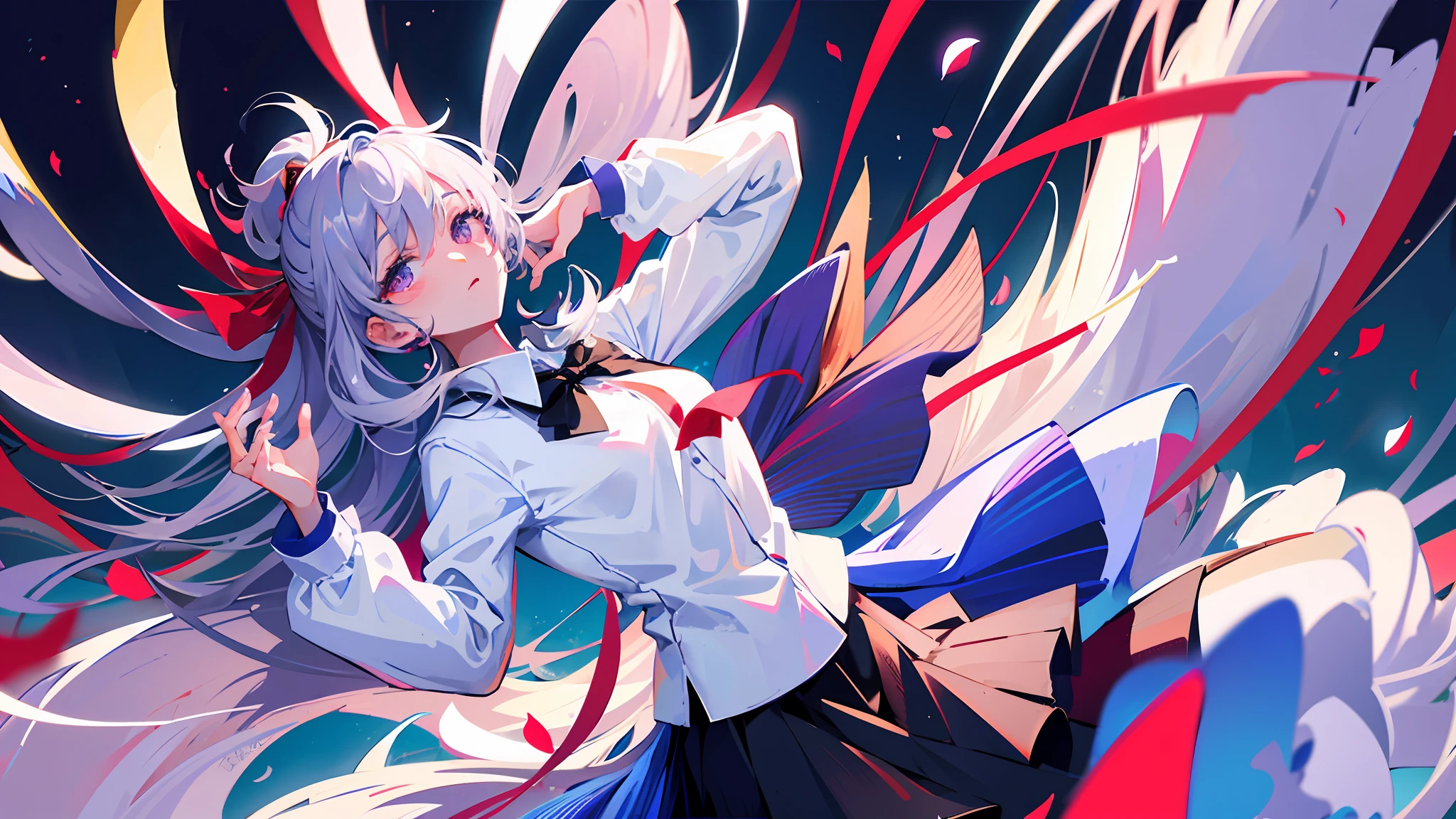Top quality, Masterpiece, Illustration, Wallpaper,1 girl, Solo, School uniform, White shirt, Black skirt, Light hair, Semi-long hair, Fine beauty, Fine eyes and face, Fine beauty, Shy, Natural light, Glow, nsfw, Beautiful sky, Look viewer, Outdoors, Night sky, Stars, Loafers, Black pantyhose, Blue bow tie, Straight hair, Purple petals, Purple and blue flowers, Red pupil, ponytail, blue ribbon,gray hair, thick_thighs, big, red eyes,