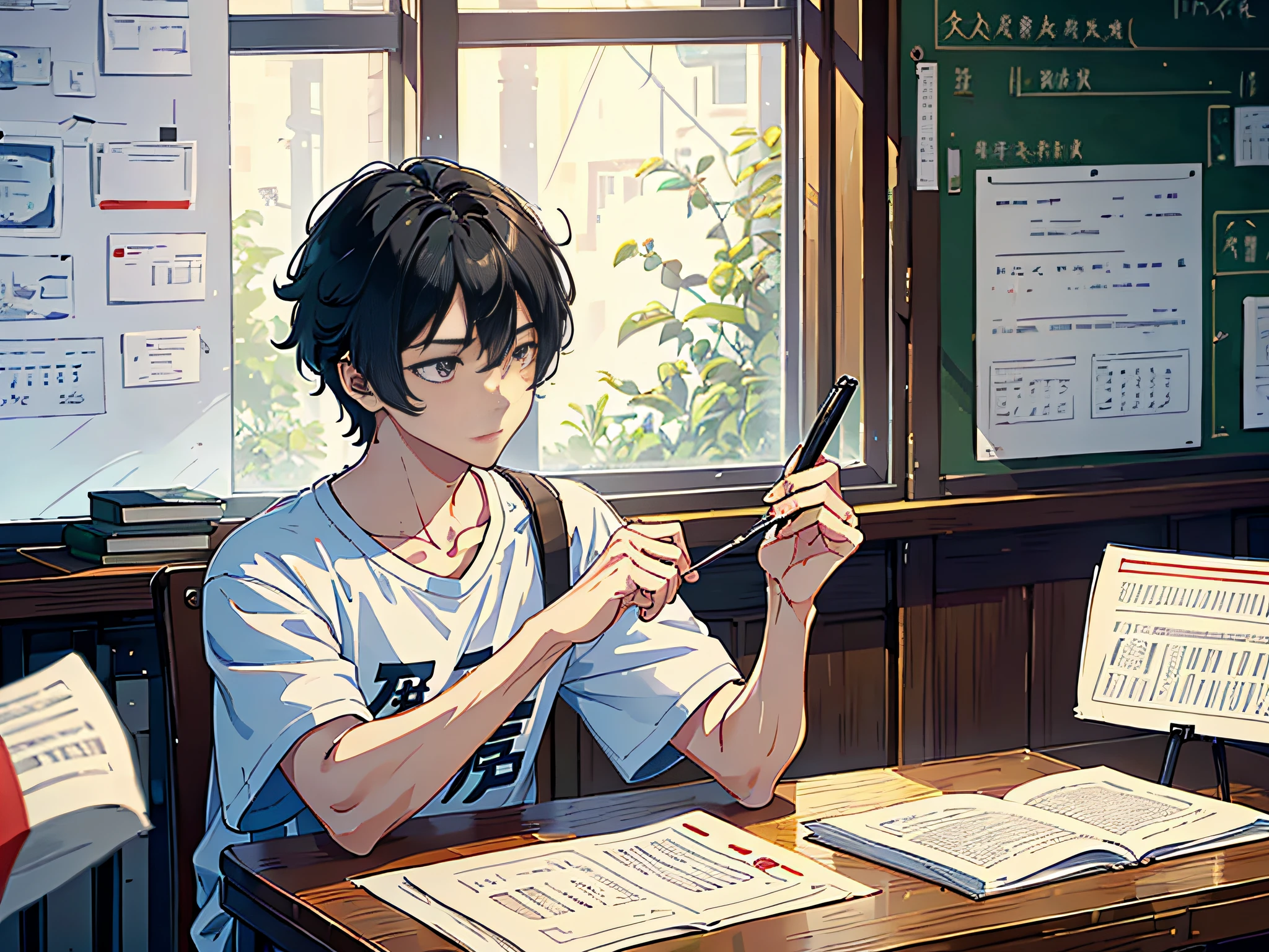 A male student is sitting in the classroom, boy, male classmate, in the campus classroom, this male classmate is wearing a white T-shirt, short black hair, holding a pen, there are test papers, there are books, the male classmate looks at the camera, the lens is mainly characterized by the upper body, in the Loepfe art style ((Xinhaicheng), popular in CGStation, Xinhaicheng H 2160, inspired by Bian Shoumin, Xinhaicheng, Kavasi, Guwitz's style, high-quality pictures, 4K, 8K, resolution,