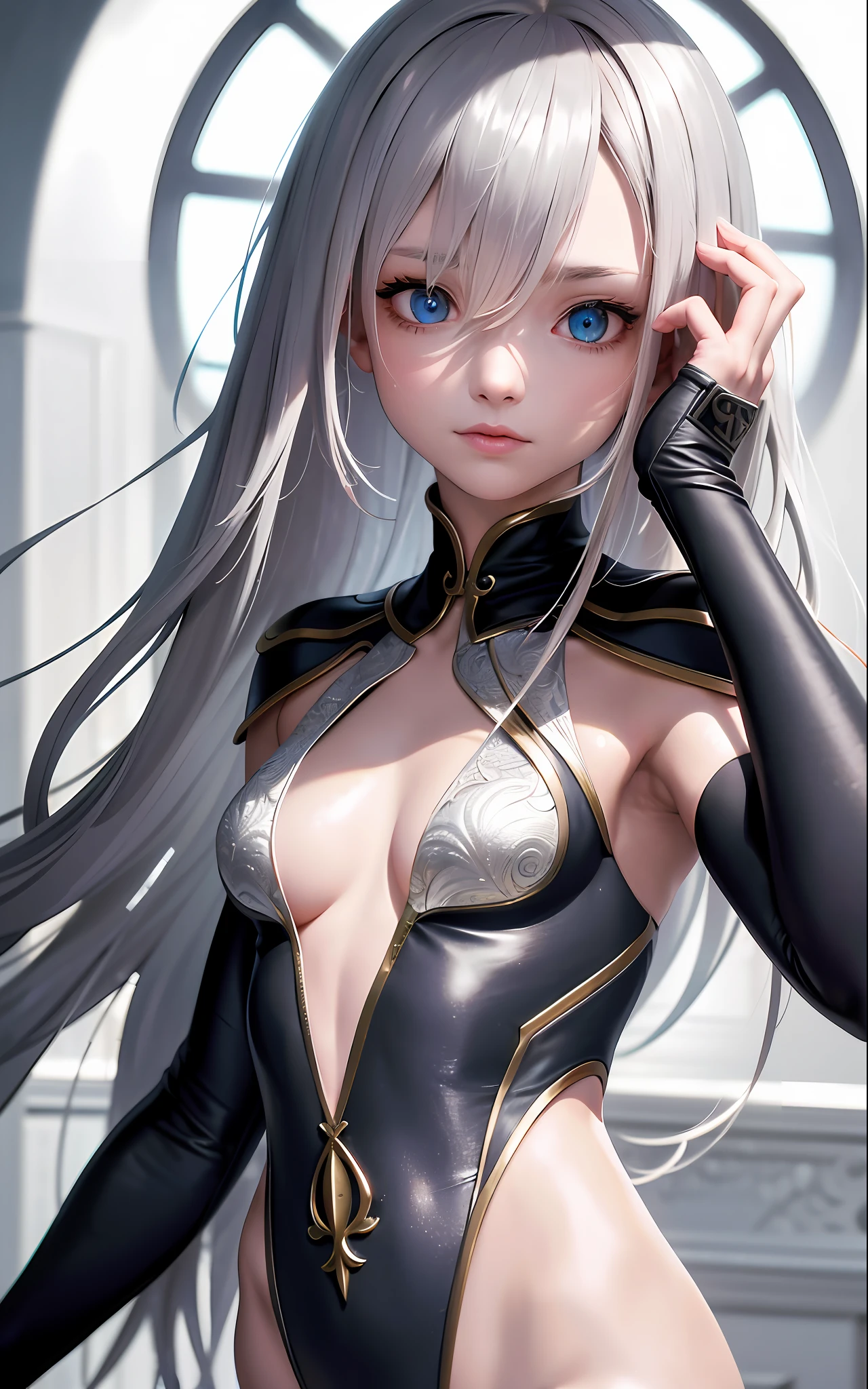 Superb Quality, Masterpiece, High Resolution, Best Quality, UHD, Super Detail, Award-Awarded, 16k, (Upper Body), A Beautiful Maiden, Gray Hair, Hair, ((Heterochromia)), Hanging Corners, Fair Skin, (Small Breasts), (Slim Body), ((Business Suit), Half Palm Gauntlet