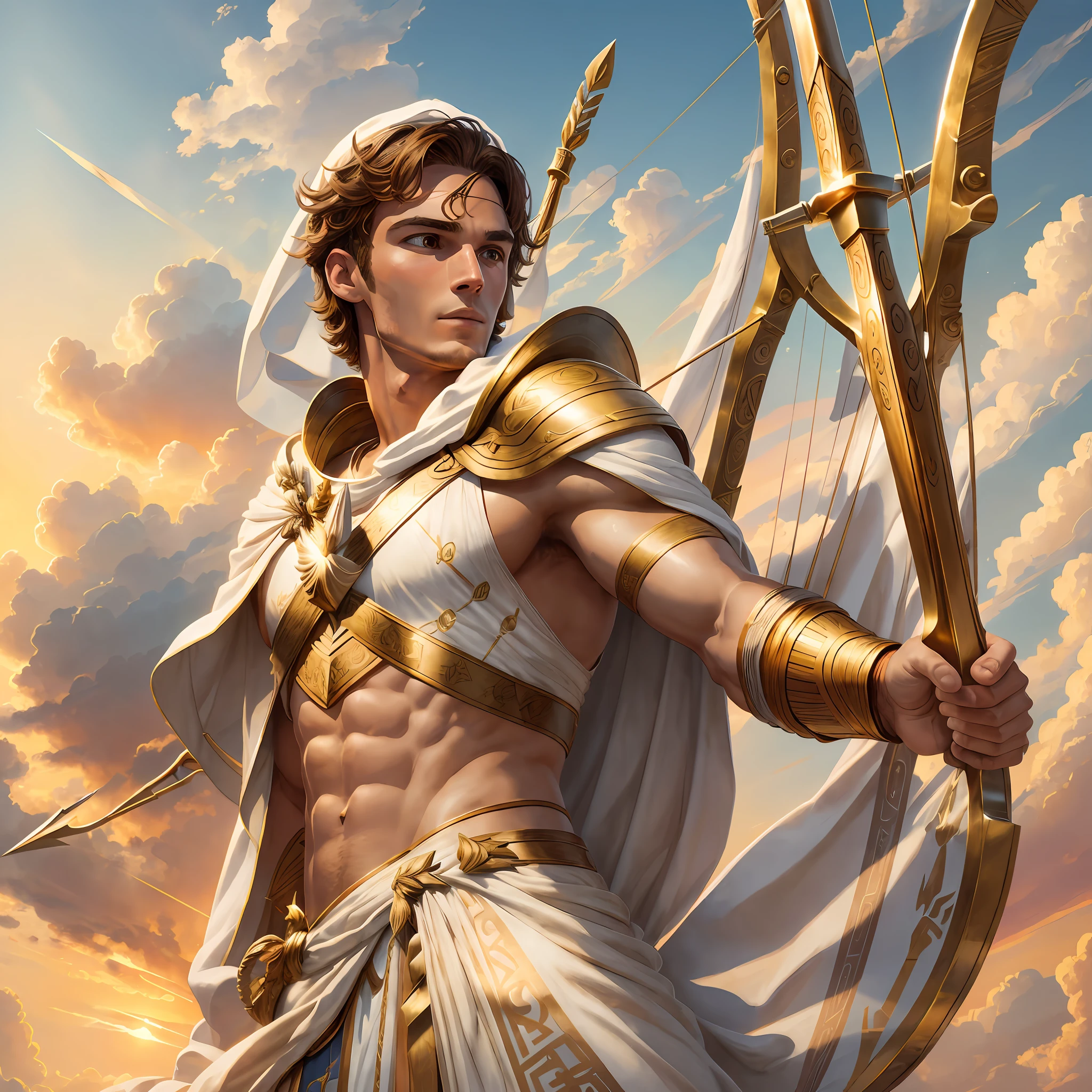 bow and arrow, of apollo, appearance of actor Sam Claflin, golden bow, arrows of light, white greek cloak with sample breastplate, sunset with clouds in the background. --auto --s2