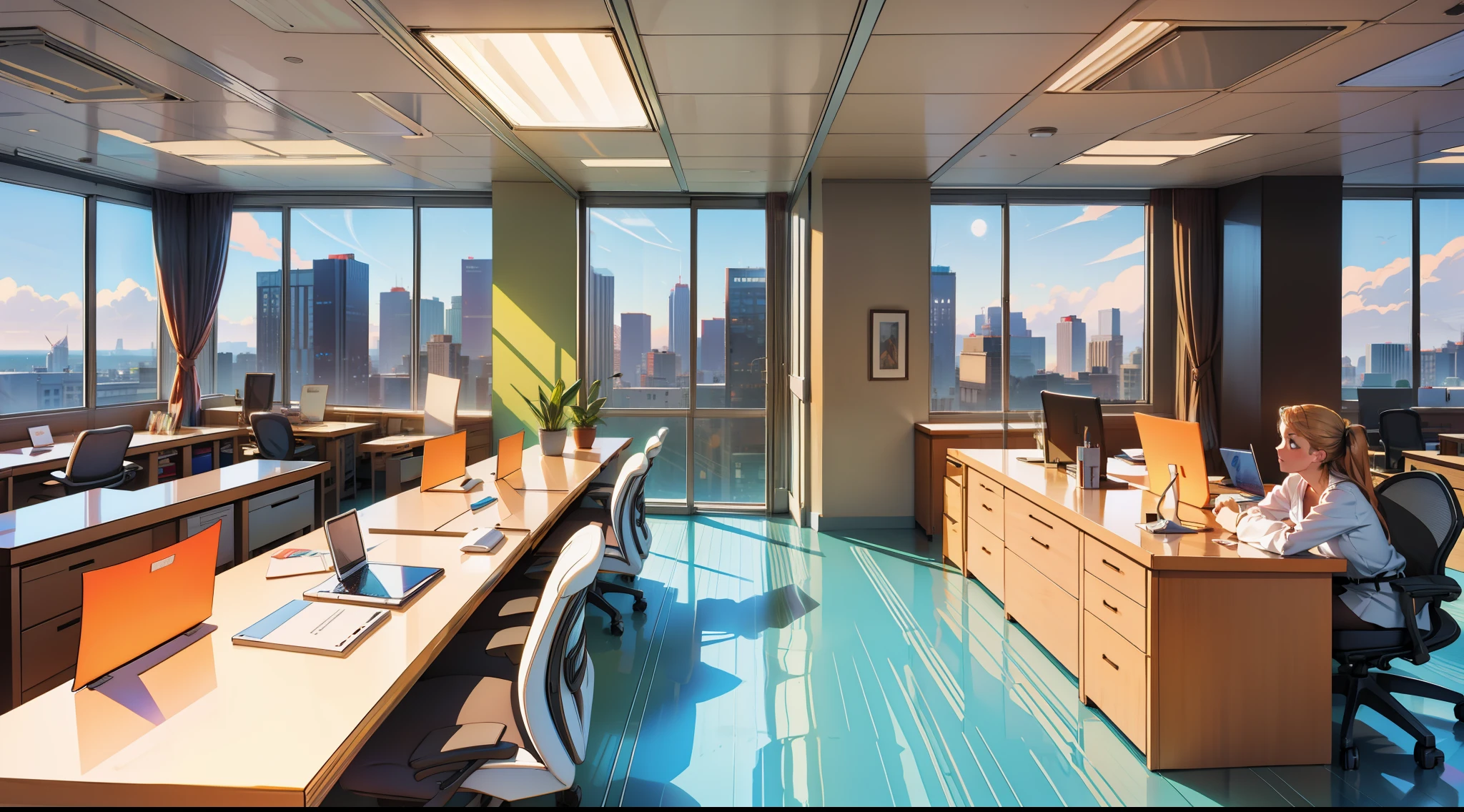Company, office, office, floor-to-ceiling windows, documents, bookcases