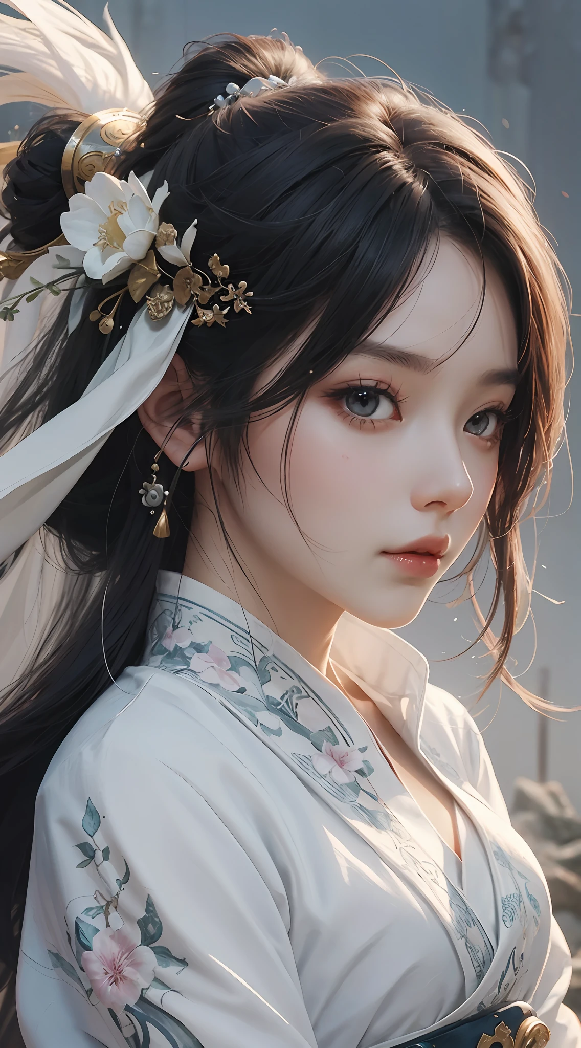 a close up of a woman with a sword in a white dress, a character portrait by Yang J, trending on cgsociety, fantasy art, beautiful character painting, artwork in the style of guweiz, guweiz, white hanfu, flowing white robes, full body wuxia, epic exquisite character art, stunning character art, beautiful female assassin --auto --s2