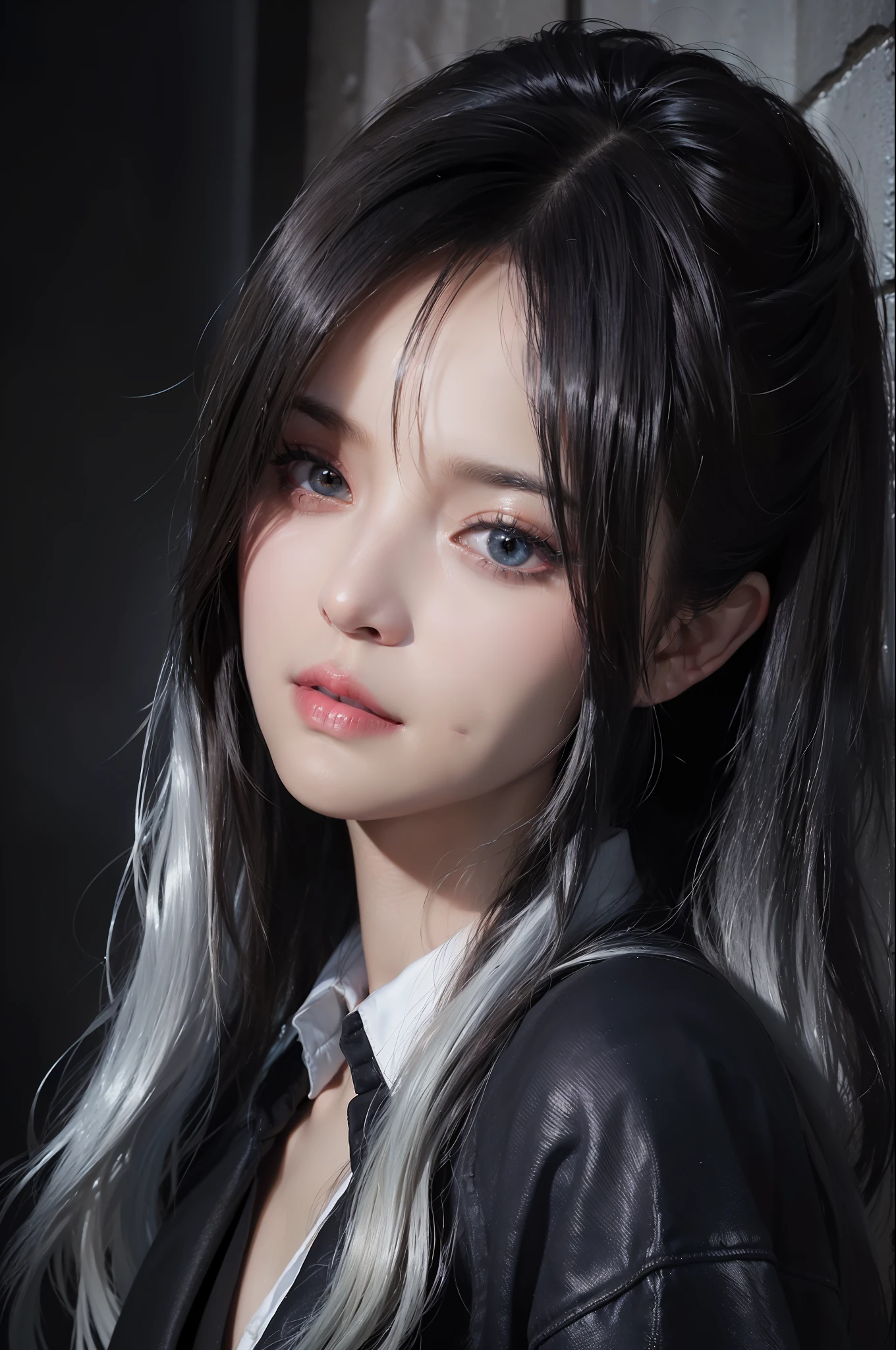 (Fantasy Art Photo, Realistic Photo, 1Girl in the Dark, Dreamy Face, Deep Shadows, Understated Luxury, Poster Style, 4K) + (Detailed face, dynamic lighting, dark texture, formal (wearing formal wear: 1.4), long white hair, denim photo) + (Gorgeous volume lighting, full of surreal artistic sense)