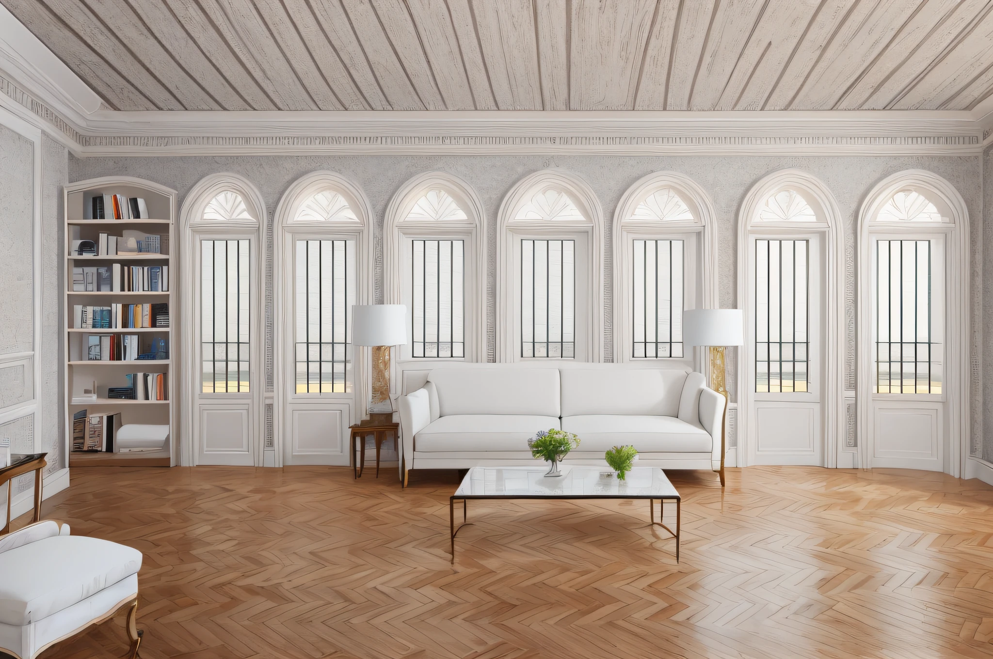 there is a room with a couch, a table, and a picture frame, white sweeping arches, interior white wall, all white render, white stone arches, with archways, interior of a living room, living room wall background, 80s interior with arched windows, interior background, arched doorway, an interior of room, arched ceiling --auto --s2