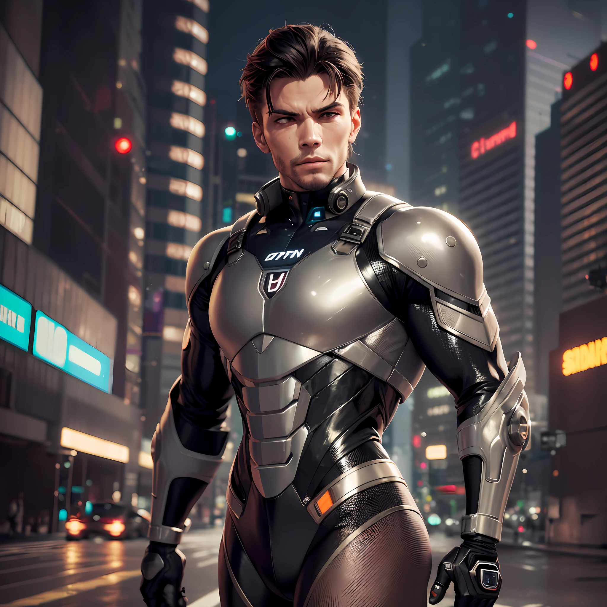 There is a man in a suit standing on a city street, several cybersuits, cybersuit, male cyborg, cyber suit, 3 d render character art 8 k, cybersuits, cyberpunk suit, male cyborg, cyberpunk glossy metal suit, cyborg fashion shot, gynoid cyborg body, male cyborg military commander, cyborg fashion model, stylish cyborg armor, cyberpunk bodysuit