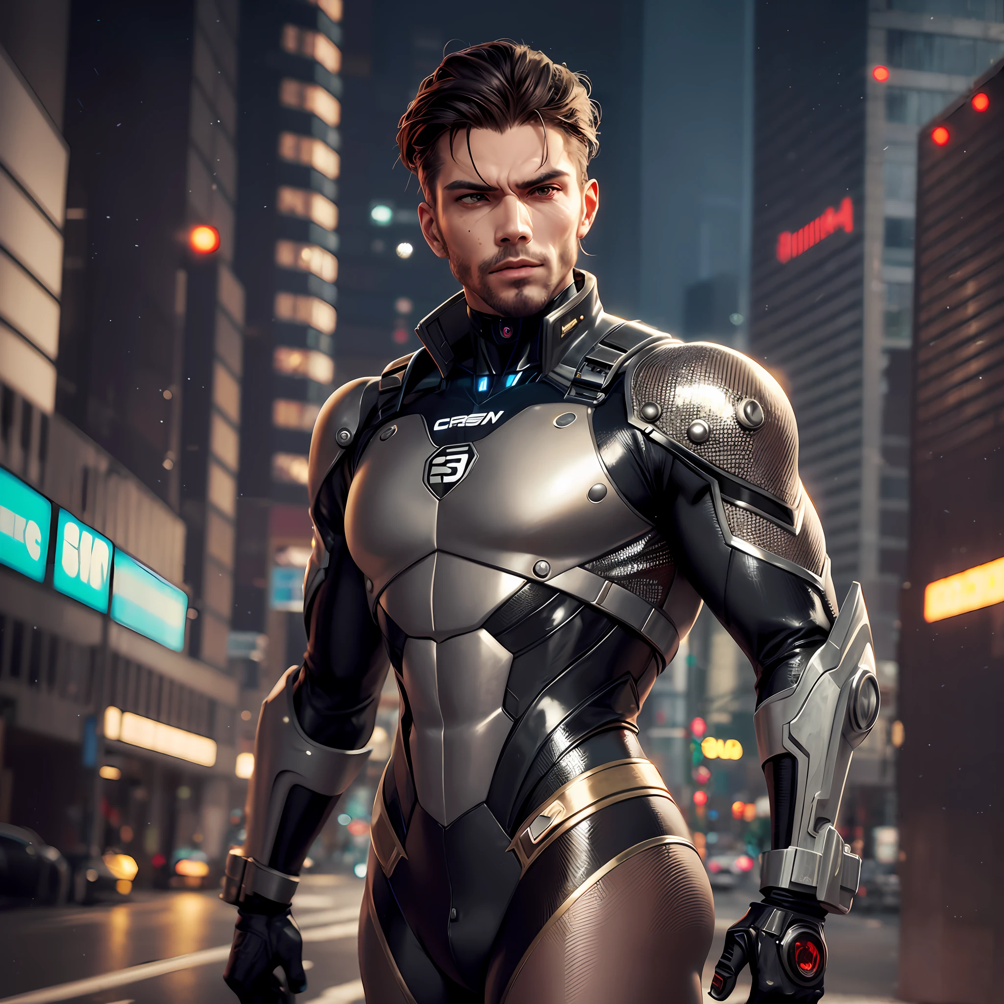 There is a man in a suit standing on a city street, several cybersuits, cybersuit, male cyborg, cyber suit, 3 d render character art 8 k, cybersuits, cyberpunk suit, male cyborg, cyberpunk glossy metal suit, cyborg fashion shot, gynoid cyborg body, male cyborg military commander, cyborg fashion model, stylish cyborg armor, cyberpunk bodysuit