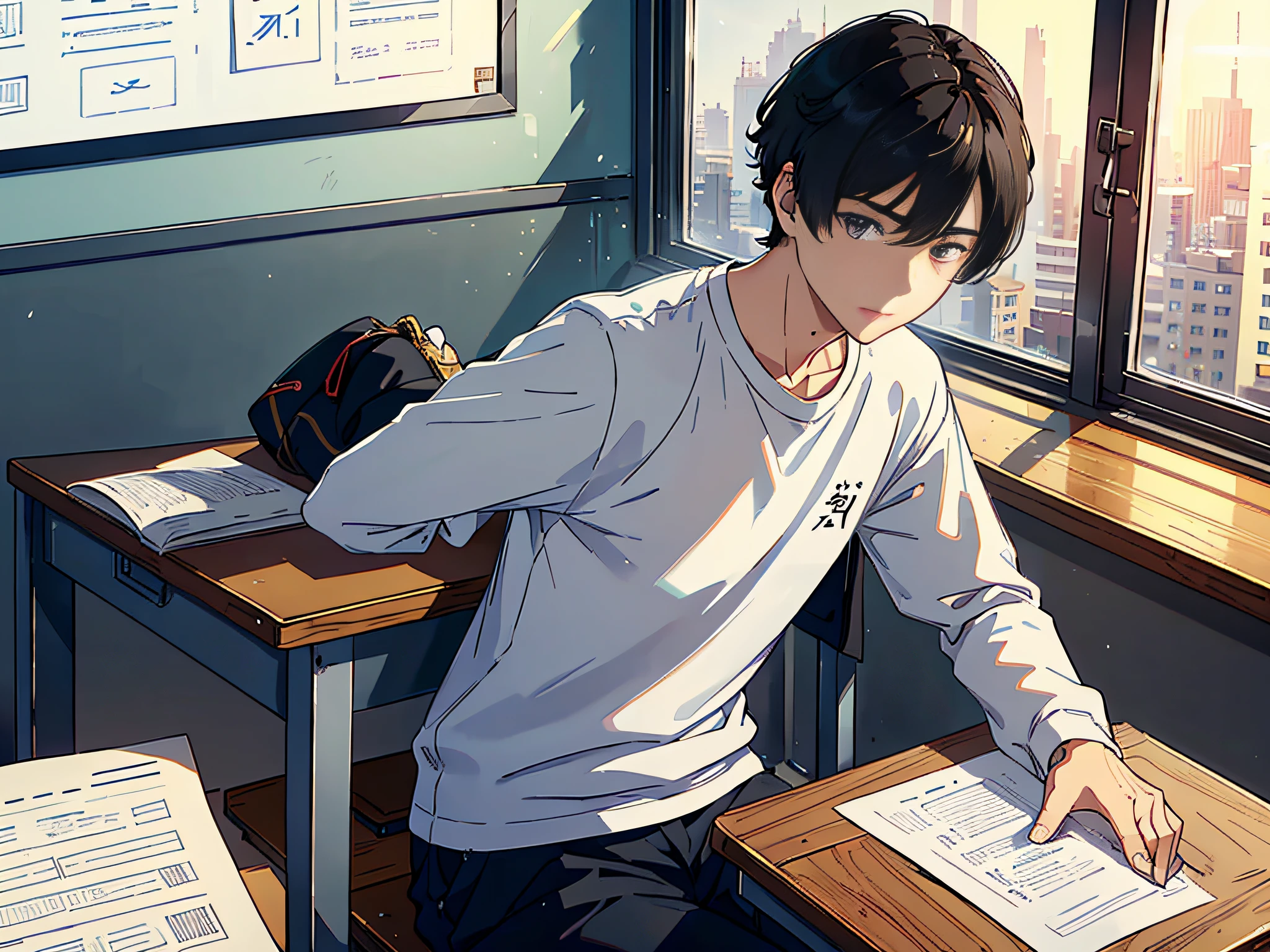 A male student is sitting in the classroom, boy, male classmate, in the campus classroom, this male classmate is wearing a white T-shirt, short black hair, holding a pen, there are test papers, there are books, the male classmate looks at the camera, the lens is mainly characterized by the upper body, in the Loepfe art style ((Xinhaicheng), popular in CGStation, Xinhaicheng H 2160, inspired by Bian Shoumin, Xinhaicheng, Kavasi, Guwitz's style, high-quality pictures, 4K, 8K, resolution,