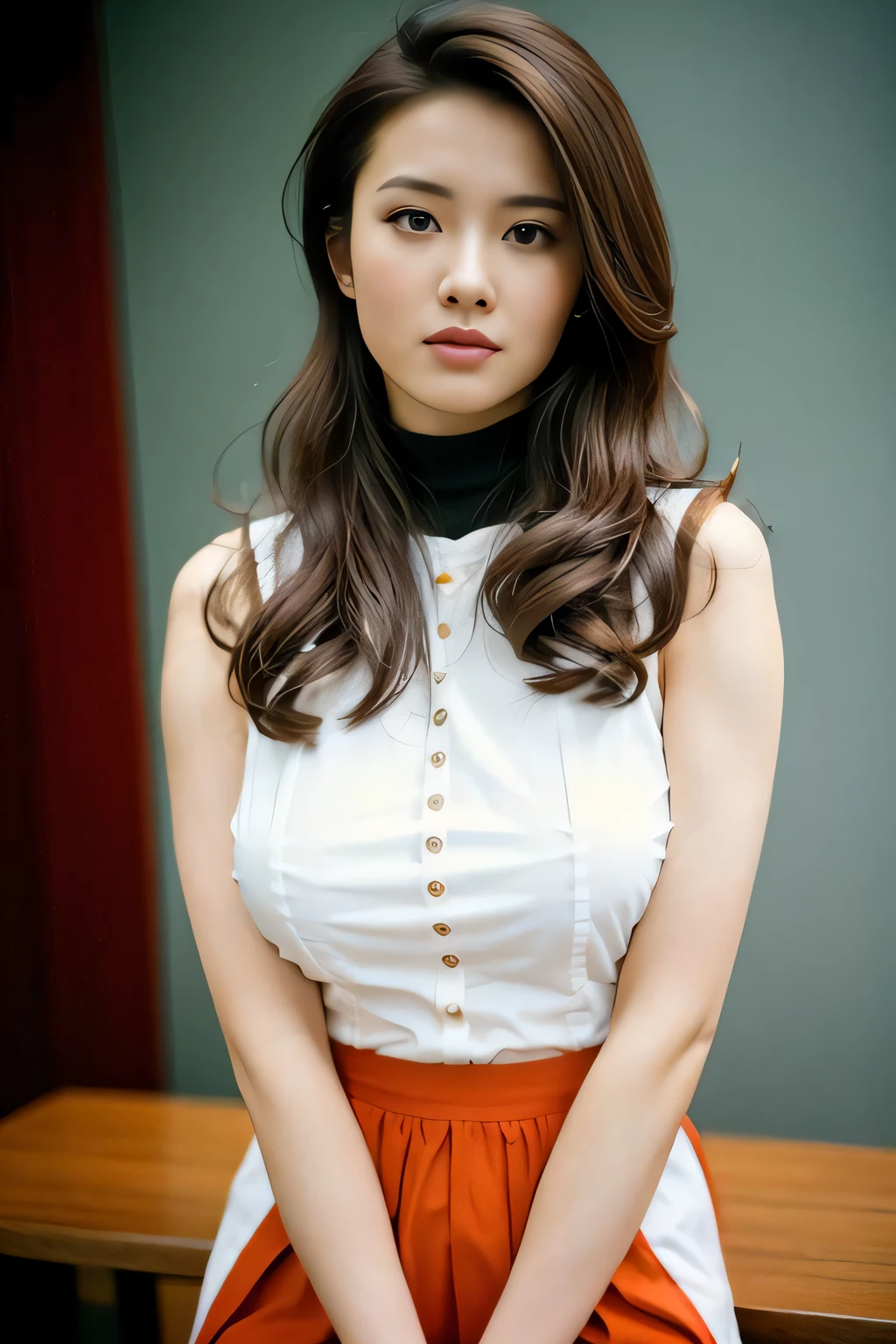 best quality, ultra high res, (photorealistic:1.4),  masterpiece, Kodak portra 400, film grain,blurry background ,indoors,1girl, sleeveless turtleneck, (busty), ((huge breasts)), large breasts, (brown long hair:1.3), (looking at viewer), (full body), (closeup)