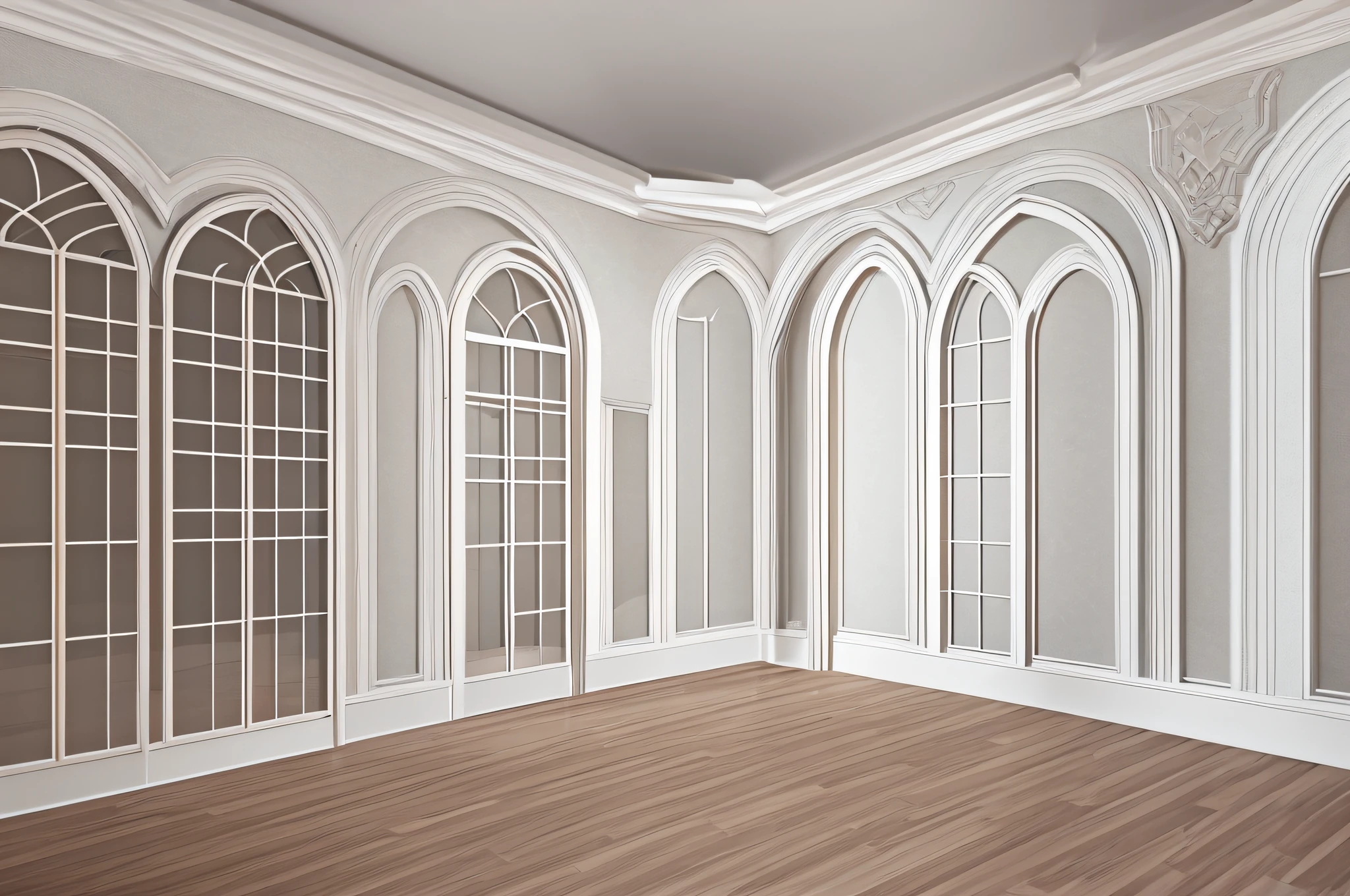 there is a room with a couch, a table, and a picture frame, white sweeping arches, interior white wall, all white render, white stone arches, with archways, interior of a living room, living room wall background, 80s interior with arched windows, interior background, arched doorway, an interior of room, arched ceiling --auto --s2