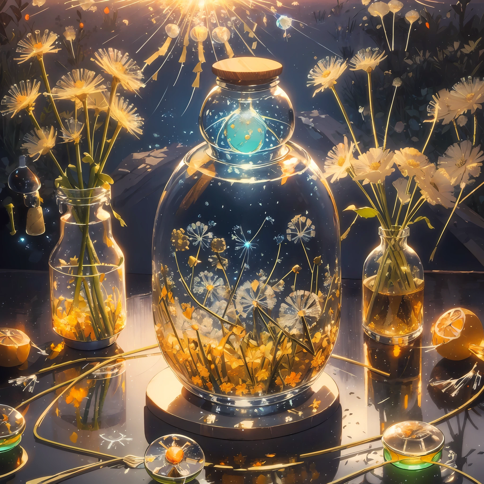 Computer, Extensive landscape ultrasound photography (general view showing glass glass, glass bottle, inside, dandelions), bottle, loot (detailed description of the bottle, dandelions), glass, (detailed description), inside the glass dew (ultradetail), yellow dandelion (detail), dandelion field (detailed), bottle, reflection of dawn (1:3), fireflies (1:3), (ultra-detailed description of appearance), bottle, candle (crystals: 1,2), BREAK production art, (cold source) light:1.2), (Firefly:1.2), orange, yellow, fire particles, colors, intricate details, volumetric lighting, realistic fantasy BREAK (masterpiece:1.2), (best quality), 4k, ultra-detailed, (dynamic composition: 1.4), high detailed, colorful details, (gloomy colors: 1.2), (luminous lighting, atmospheric lighting), warm, light, magical, (solo: 1.2)