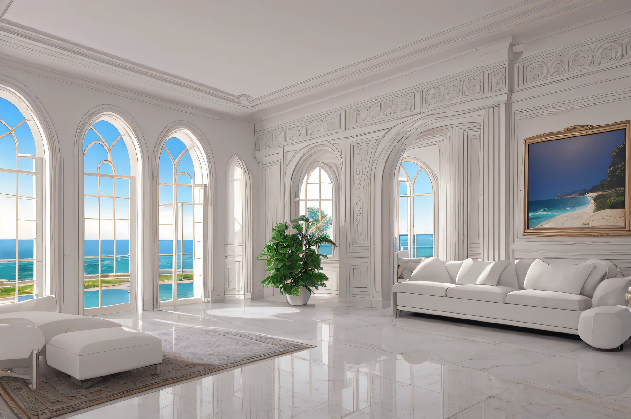 there is a room with a couch, a table, and a picture frame, white sweeping arches, interior white wall, all white render, white stone arches, with archways, interior of a living room, living room wall background, 80s interior with arched windows, interior background, arched doorway, an interior of room, arched ceiling --auto --s2