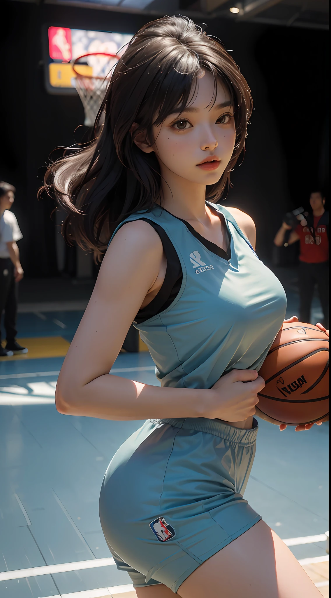 (RAW photo, 4k, masterpiece, high resolution, extremely complex) (realistic: 1.4), cinematic lighting
1 Girl, Solo Focus, Summer Noon, Hot, 1990s\(Style\), (Best Quality), (Highres), (an Extremely Delicate and Beautiful),,(Beautiful 8k face),(Brown eyes),(ulzzang-6500:1.0),(solo),(Looking side),( spectators),(large breasts),(NBA),lookside,(side), ,(Basketball sportswear),((Play basketball)),((gymnasium)),((speed)),(reality),