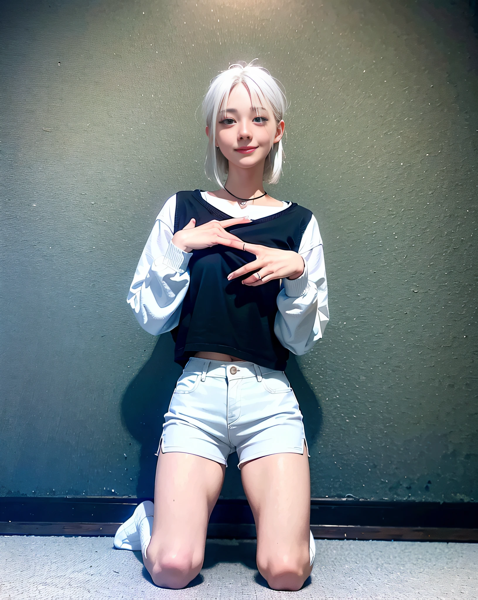 Realistic, very detailed, high resolution, highest quality, 1 girl, white hair, young korean, blue eyes, white shirt, thin legs, poor breasts, smile, short white socks, translucent pants