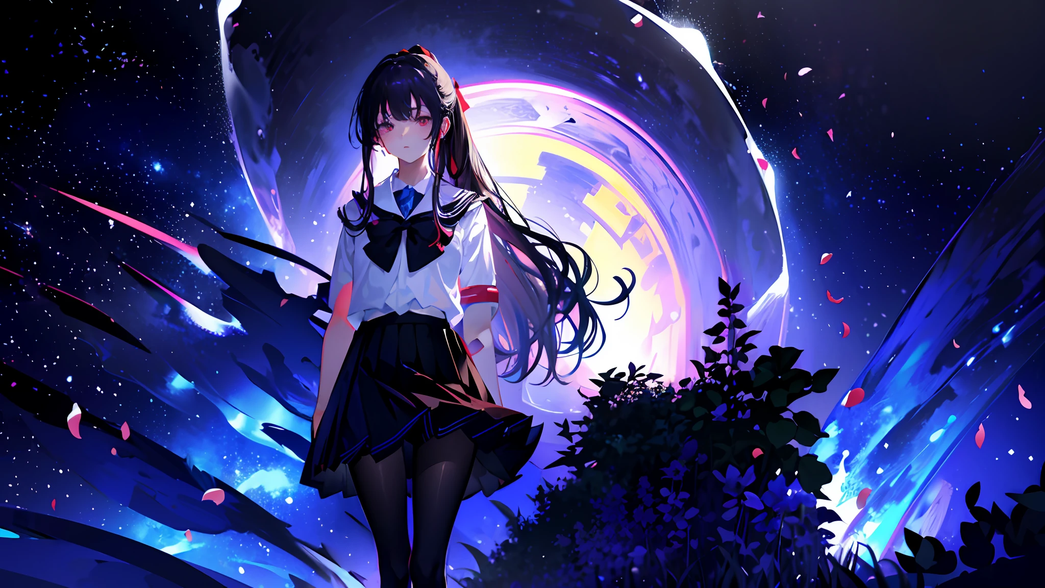 Top quality, Masterpiece, Illustration, Wallpaper,1 girl, Solo, School uniform, White shirt, Black skirt, Light hair, Semi-long hair, Fine beauty, Fine eyes and face, Fine beauty, Shy, Natural light, Glow, nsfw, Beautiful sky, Look viewer, Outdoors, Night sky, Stars, Loafers, Black pantyhose, Blue bow tie, Straight hair, Purple petals, Purple and blue flowers, Red pupil, ponytail, blue ribbon,gray hair, thick_thighs, big, red eyes,