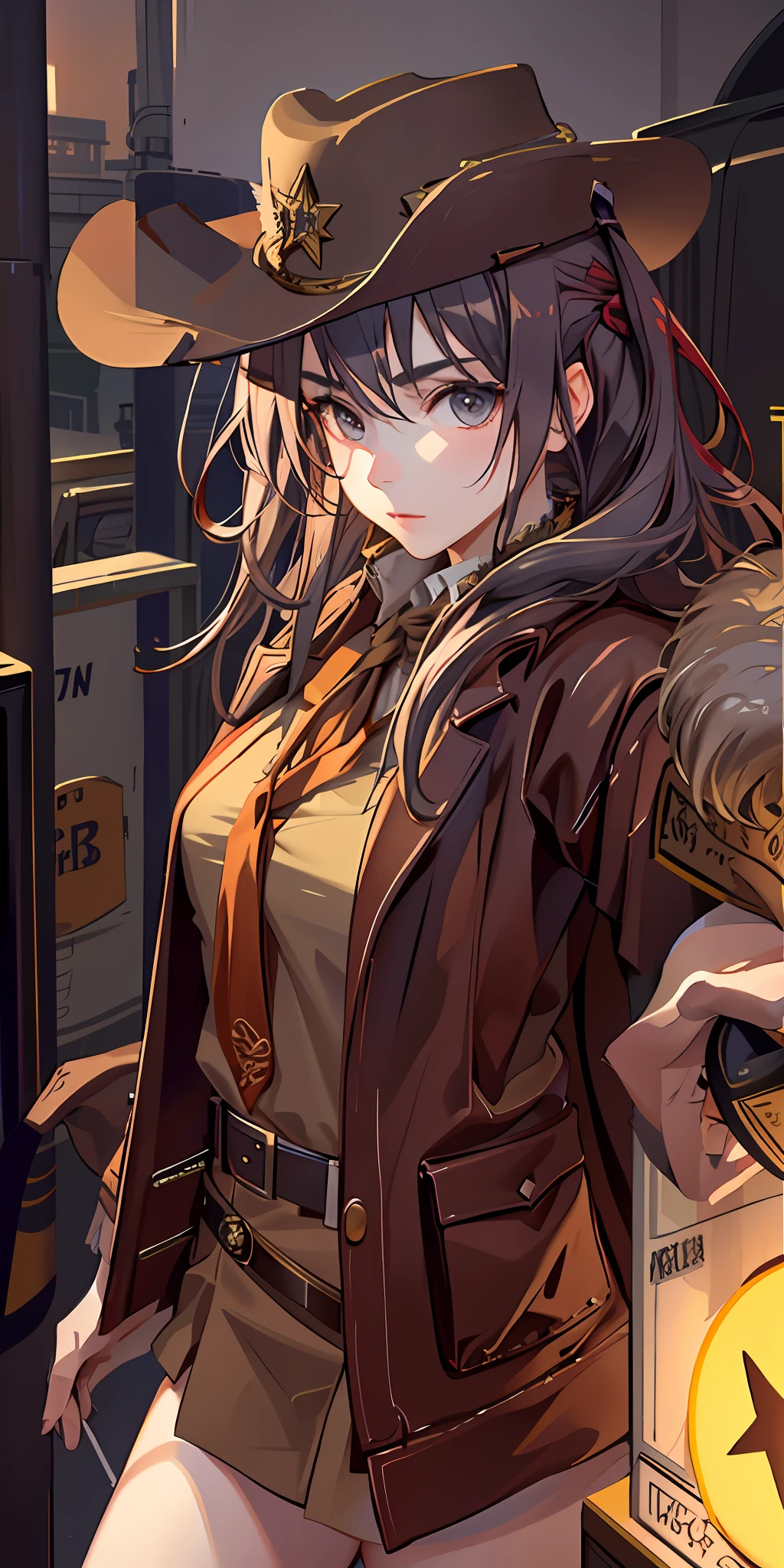 Long Coat, Gunman, Wilderness, Western Cowboy Style, Photo, Photography, Best Quality, Realistic, Photorealistic, Intricate Detail, (Delicate Detail), (Intricate Detail), Cinematic Light, Best Quality Backlight, Clear Line, 8K, Ultra High Resolution, ulzzang-6500-v1.1, Best Quality, High Quality Texture, Fine-grained, realistic face expression, detailed skin, anime, girl, sexy, mix, model, illustration, portrait, semi-realistic, gray hair