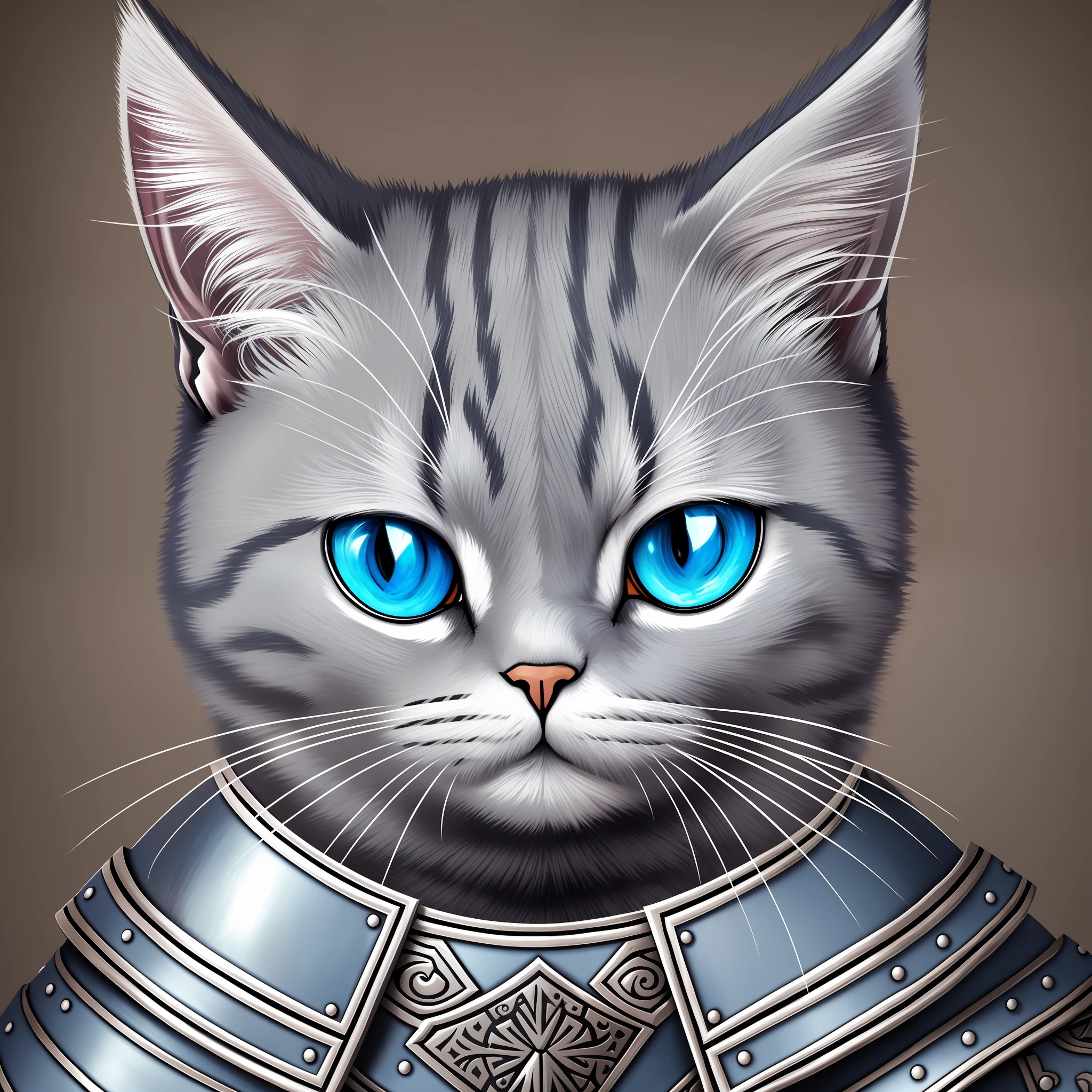 Gray cat with medieval armor, deformed illustration, eyes are blue, only face, --auto --s2