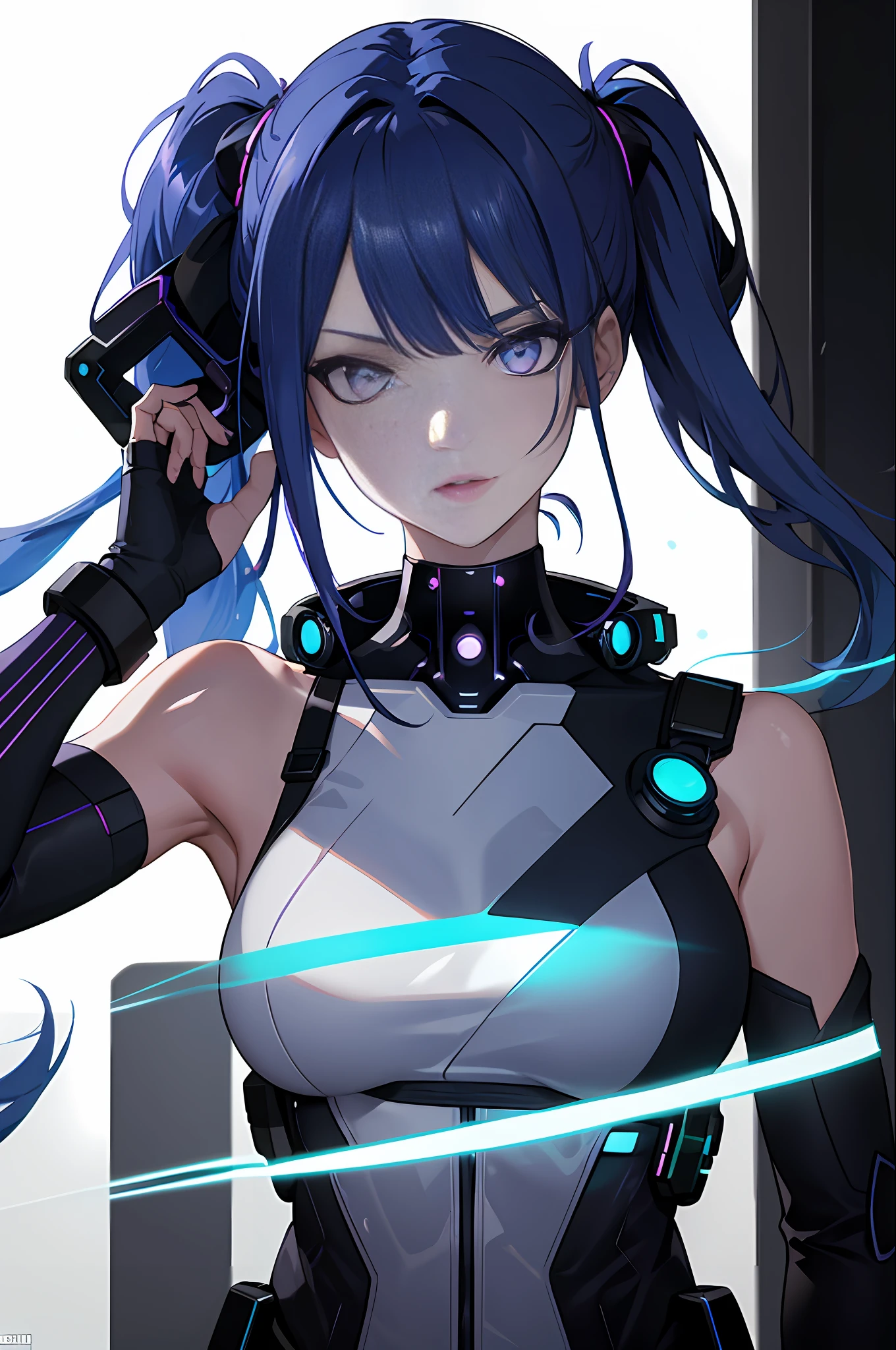 Futuristic girl, half-body, blue hair, ponytail, purple eyes, collarbone, delicate beautiful hair and eyes and face, sexy facial expression, glowing white particles, (ninja), clean black background, delicate facial features, wearing loose jacket, depth of field, cyberpunk style, fluorescent color, 3D character, OC renderer, C4D --AR 3:4 --niji 5 --s 180